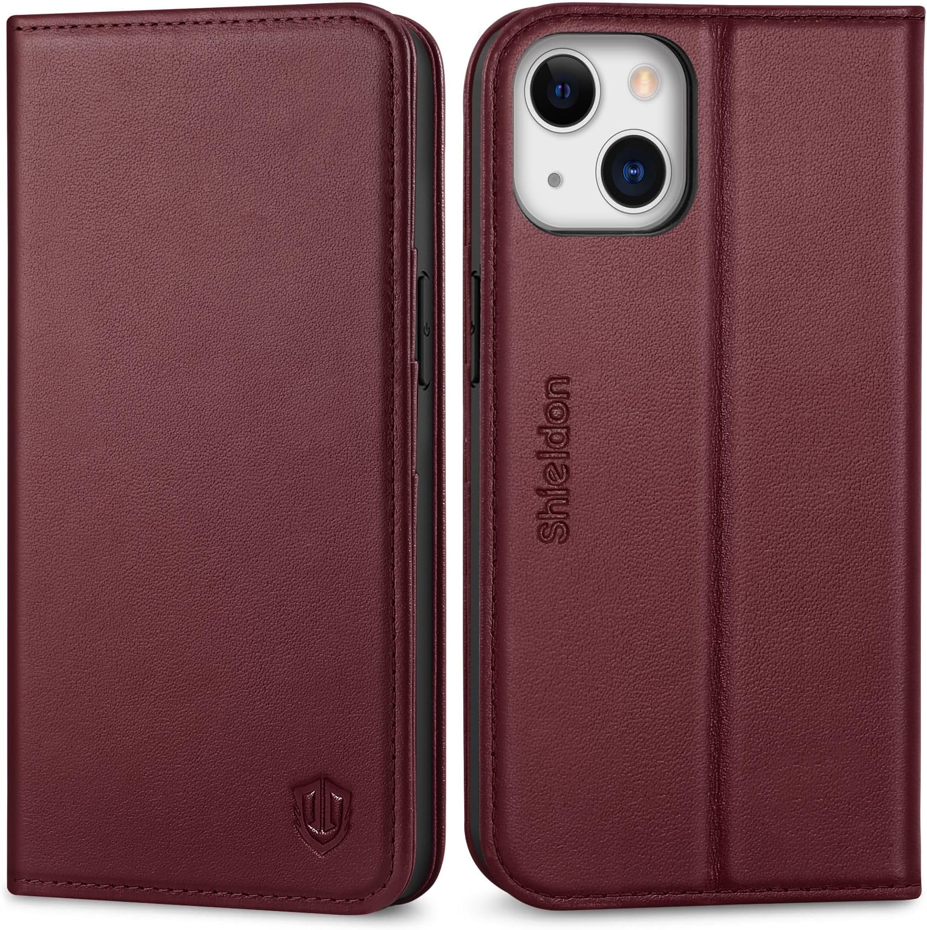 SHIELDON Case for iPhone 13 5G, Genuine Leather Wallet Case with Kickstand RFID Blocking Credit Card Holder Magnetic Closure Shockproof Cover Compatible with iPhone 13 5G (6.1" 2021) - Wine Red