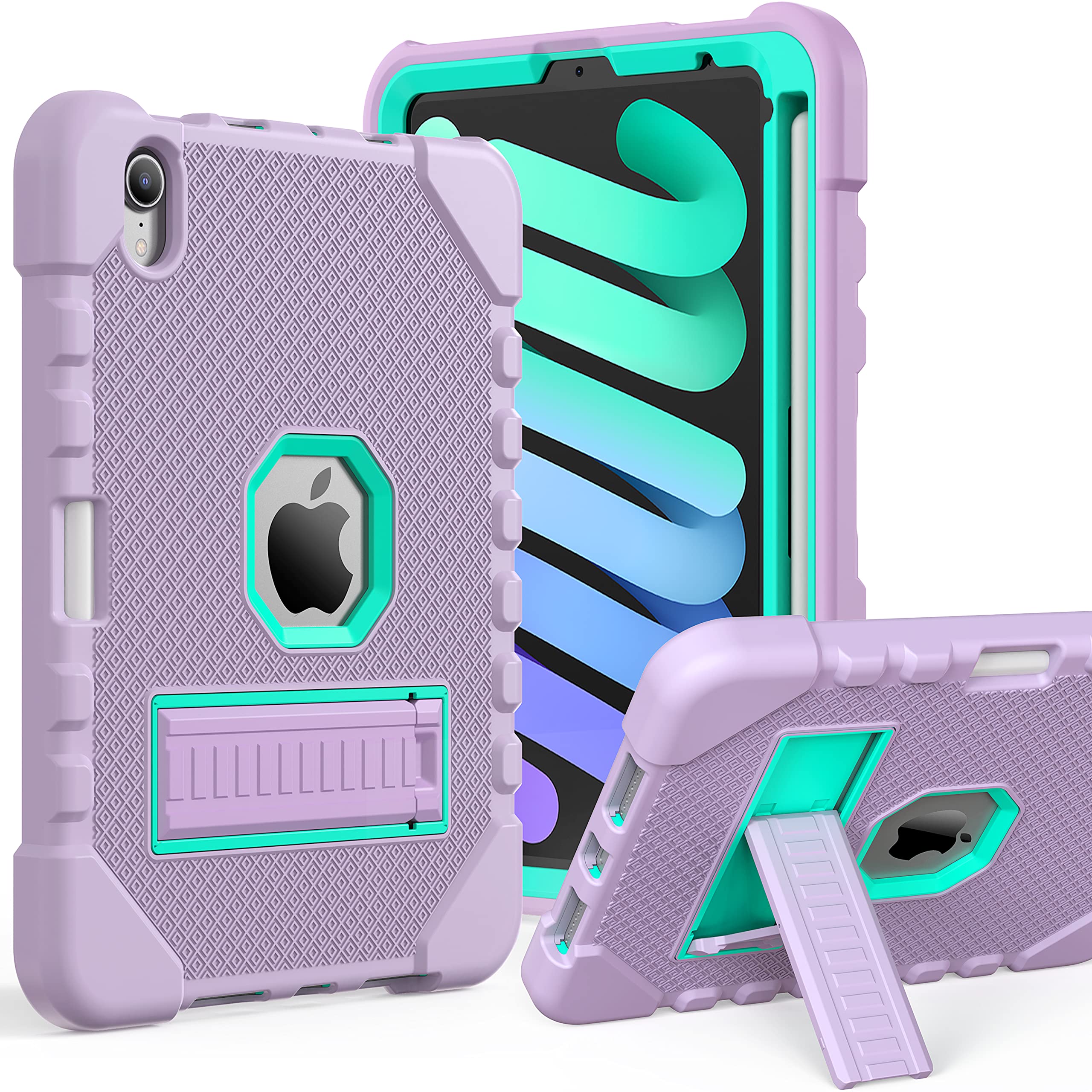 HUATRK New iPad Mini 6 Case iPad Mini 6th Generation 8.3 inch 2021 with Pencil Holder Kickstand Heavy Duty Shockproof Protective Kids Cover Purple Mint