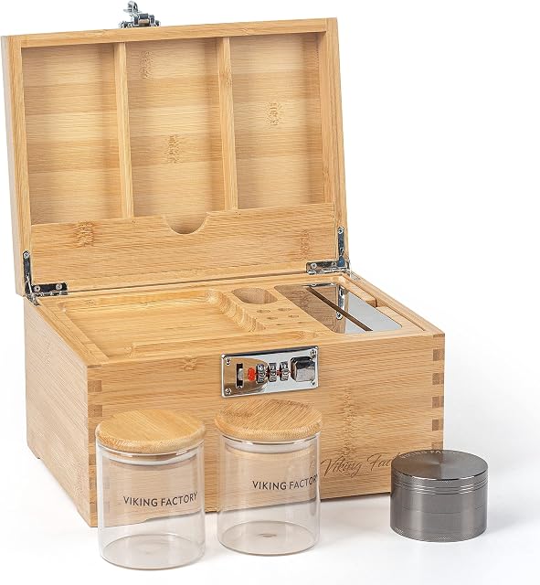 Viking Factory Large Bamboo Box with Combination Lock, Home Decorative Box Locking, Tray | Glass Jars | Accessory Tool.