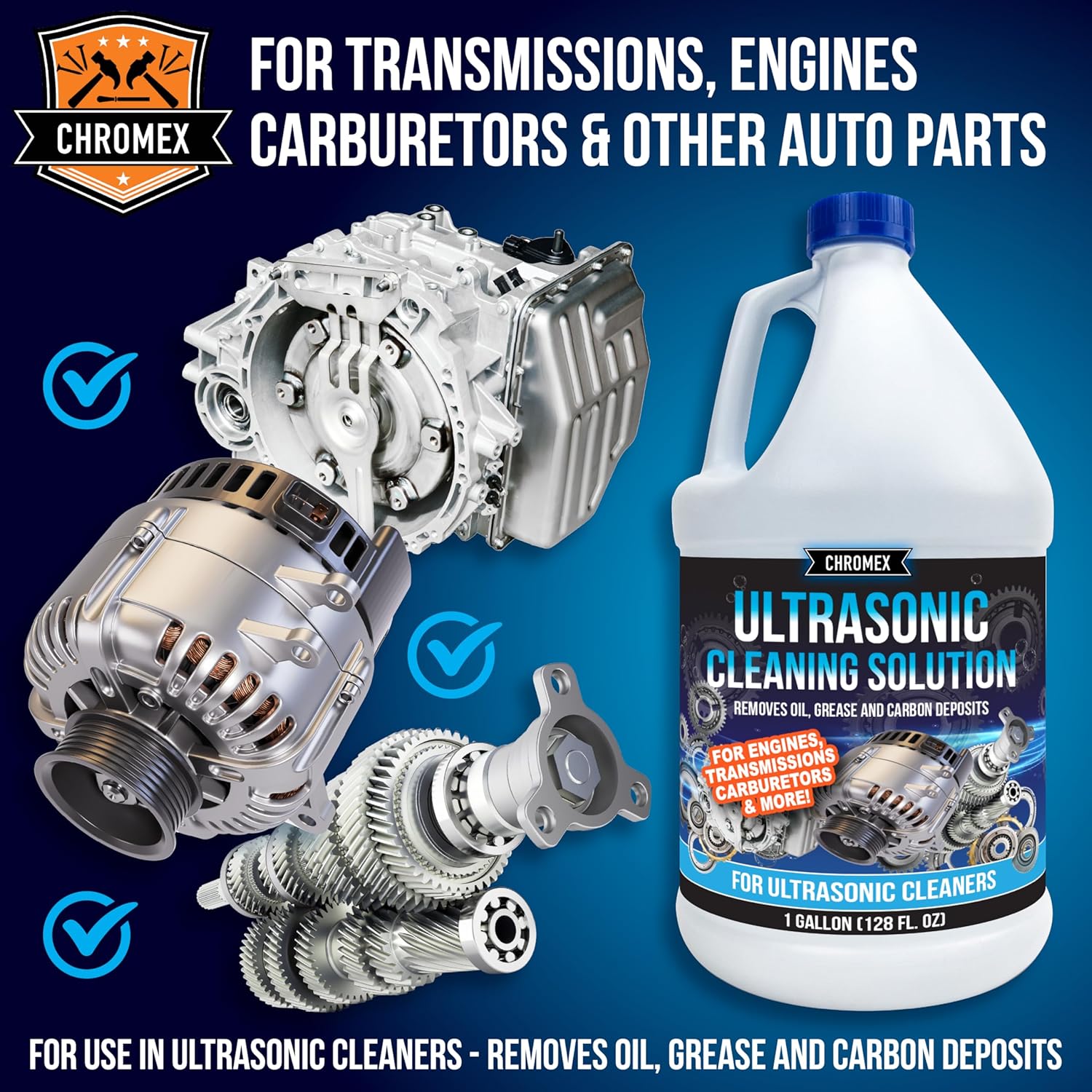 Chromex Ultrasonic Carburetor & Engine Parts Cleaning Solution - Concentrated Degreaser for Aluminum, Brass & Steel - 1 Gallon