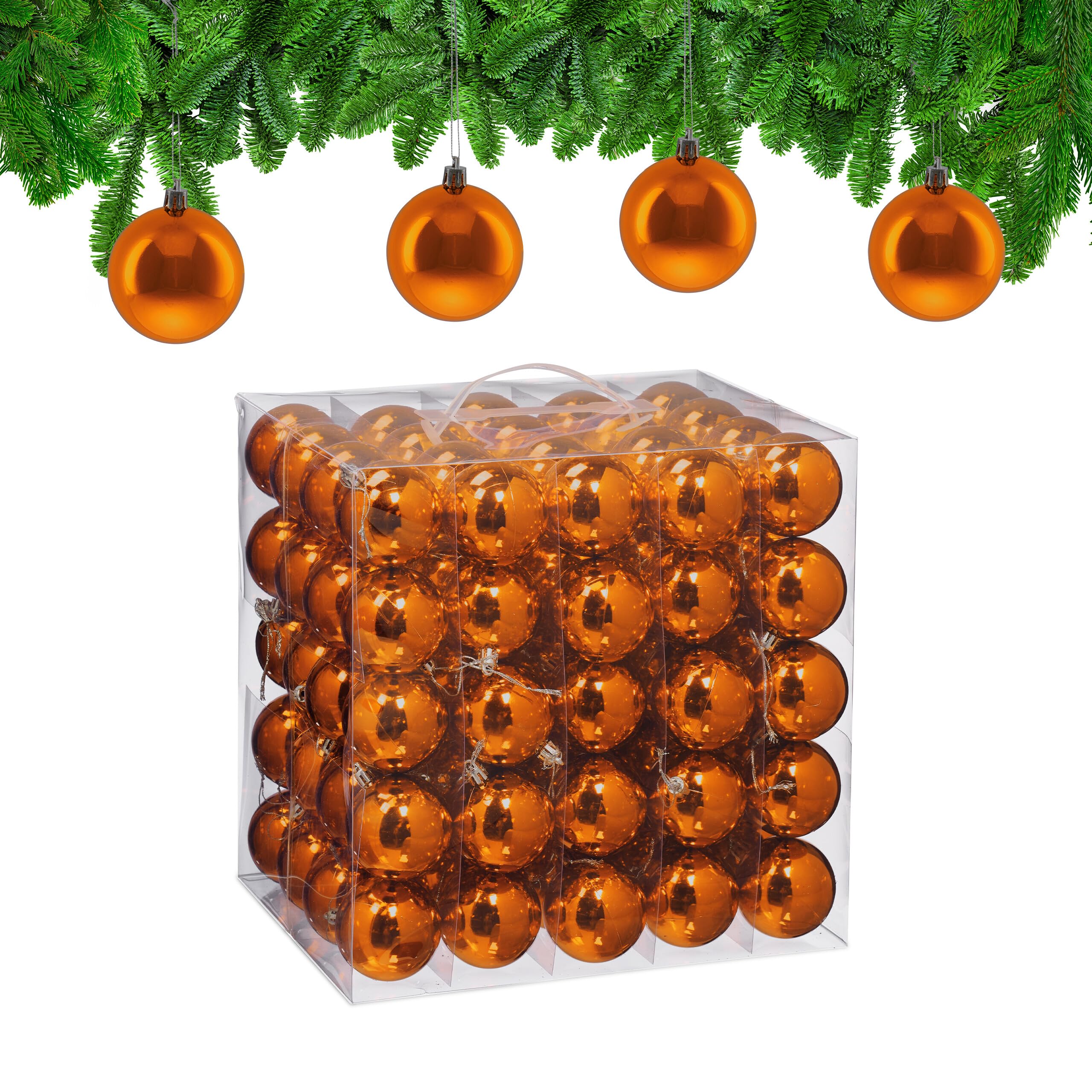 Relaxdays Palline di Natale, Set da 100 Palle Albero, Addobbi Natalizi, ∅ 6 cm, Sfere in Plastica Lucida, Arancione