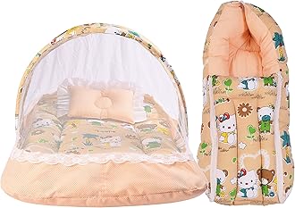 Babloo Baby Bed New Born Baby Bedding Set | Mosquito Net | Sleeping Bag | Mattress | Carry Bag | Essentials Combo | Cotton | Infants | Boys & Girls | Beds| Cot Mattresses (0-6 Months) Orange Carry Cot