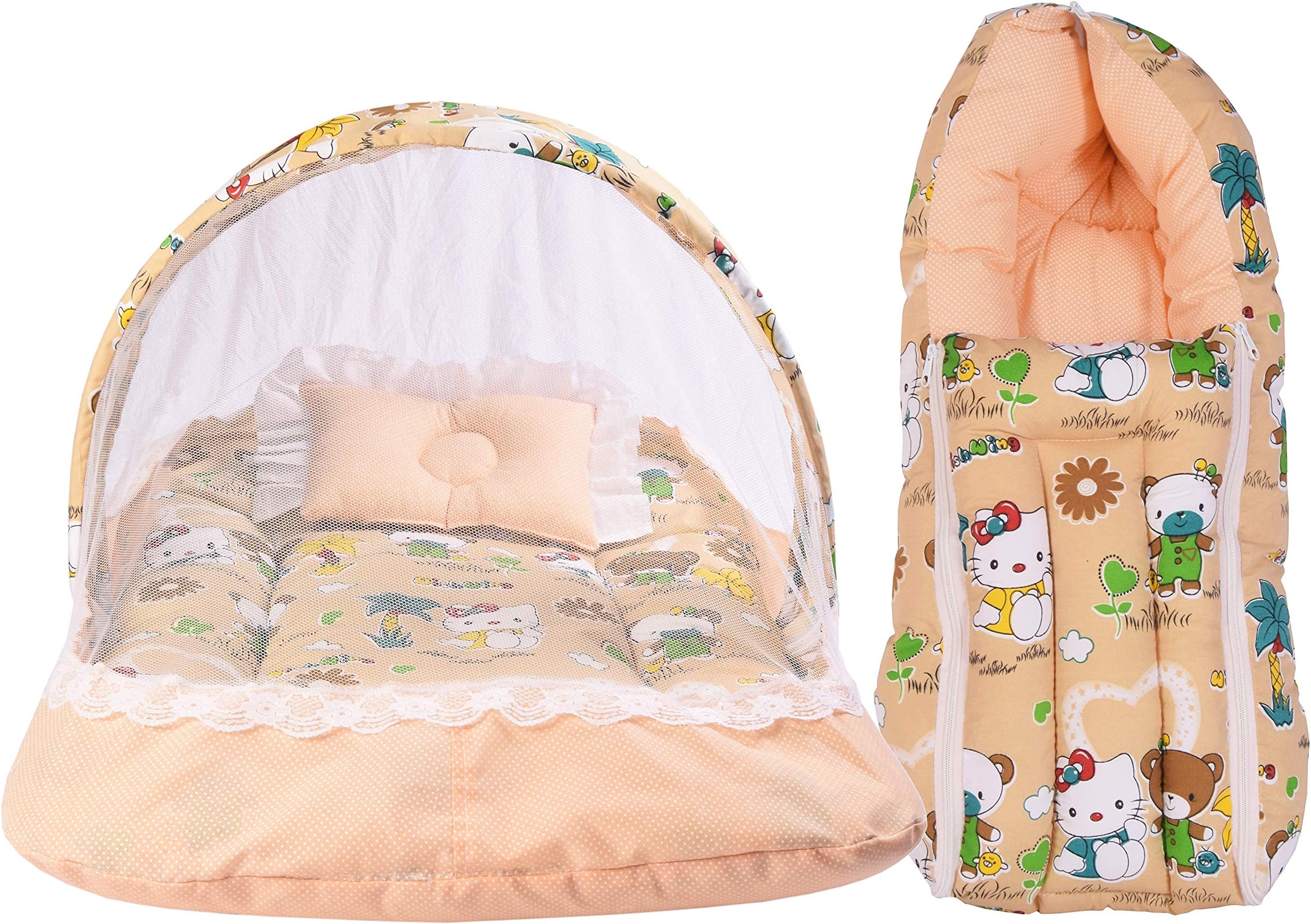 Babloo Baby Bed New Born Baby Bedding Set | Mosquito Net | Mattress | Carry Bag | Essentials Combo | Cotton | Infants | Boys & Girls (0-6 Months) Orange