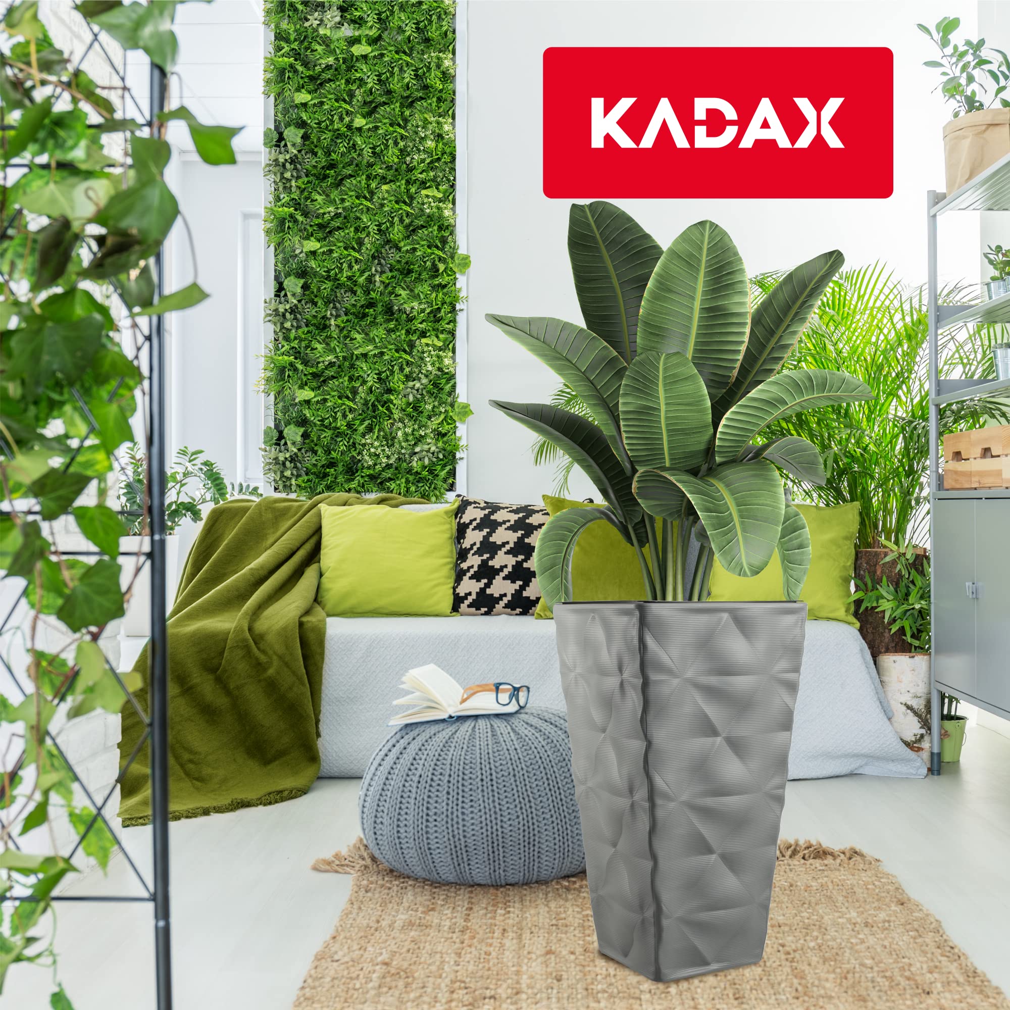 KADAX Pot de fleurs avec effet 3D, bac à fleurs en plastique en 4 couleurs, bac à plantes avec insert et poignées pratiques, pot en plastique, pot pour plantes d'extérieur (gris hauteur : 55,5 cm)