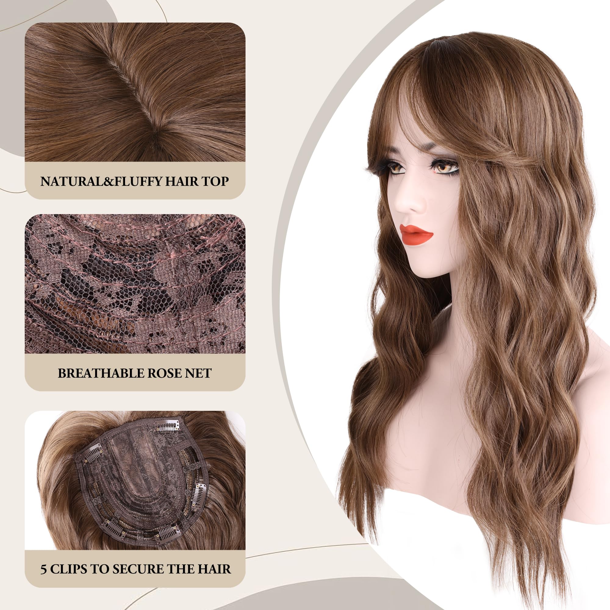 Hair Toppers para mujer: 20 rizado ondulado, rubio miel y marrón claro sintético clip en pelo con flequillo y volumen 4