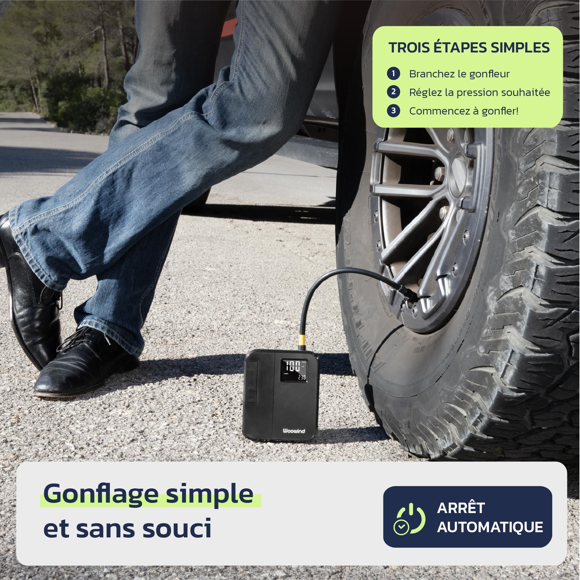 Woowind DP3 Gonfleur de Pneus Compresseur d'air Portable, 12V Pompe Pneu de Voiture et Pompe Air sans Fil pour Les Pneus de Voiture, Moto, Scooter, Dirtybike et Ball