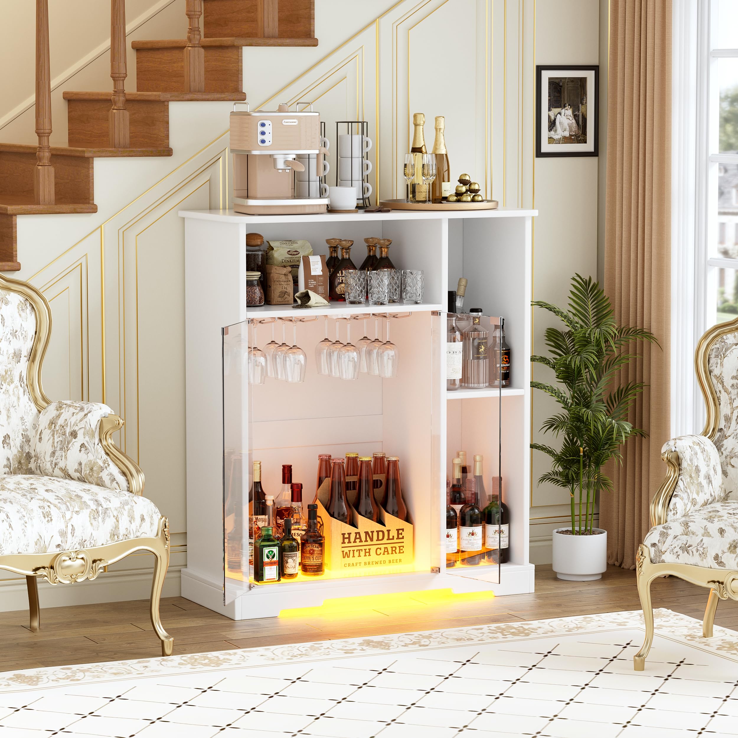 MSFE Mobile Porta Vino e Amari,Armadietto per Vino con Luce a LED,Buffet in Legno,Credenza con Portabicchieri e Porta in Vetro,Armadietto per Vino per Soggiorno,Cucina,Sala da Pranzo,85.4*40*110cm