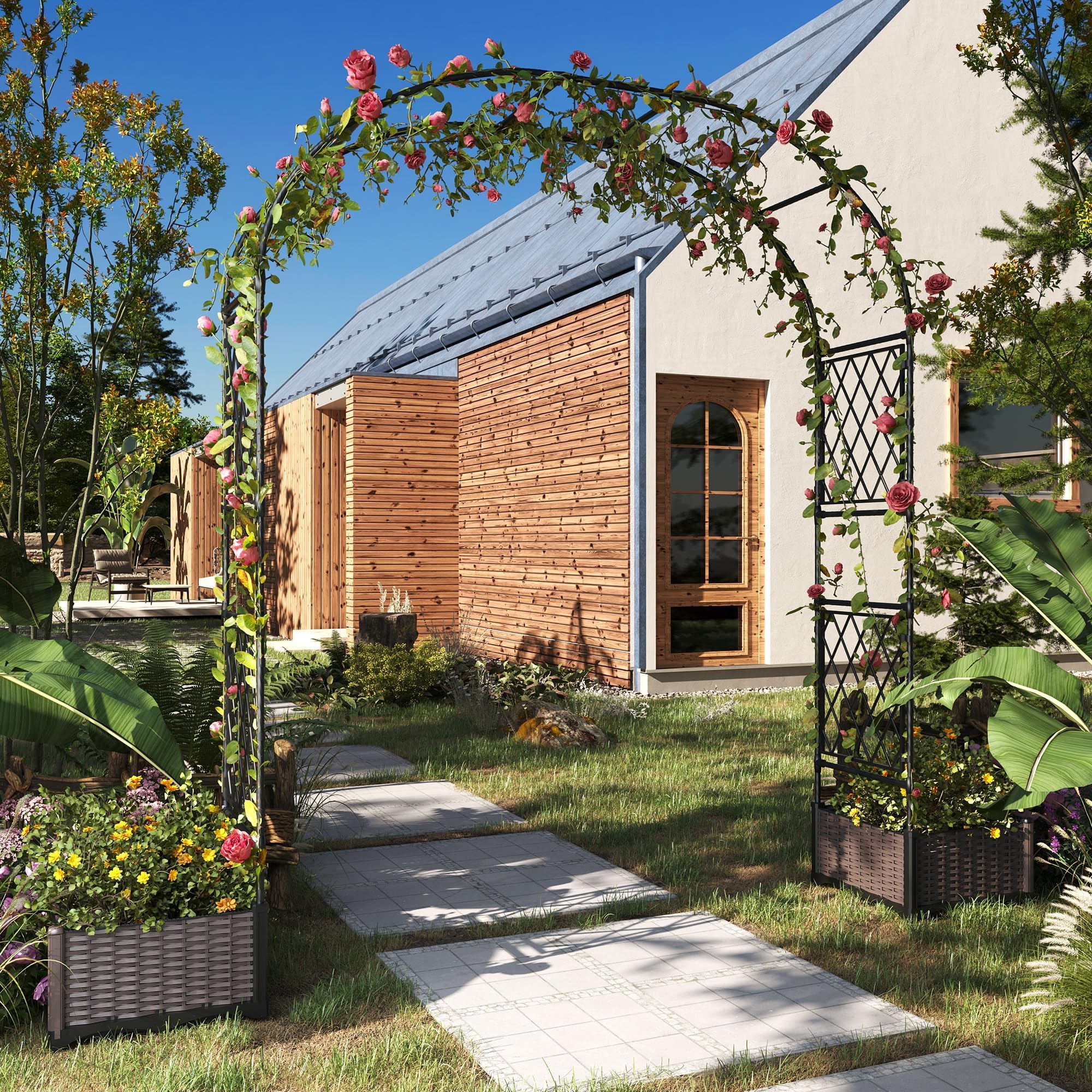 Arche Dôme avec Bac De Plantation Et Paravent, Fer + PE, Support pour Plantes Grimpantes, Décoration Jardin Extérieur Anticorrosion, 230x40x220 cm