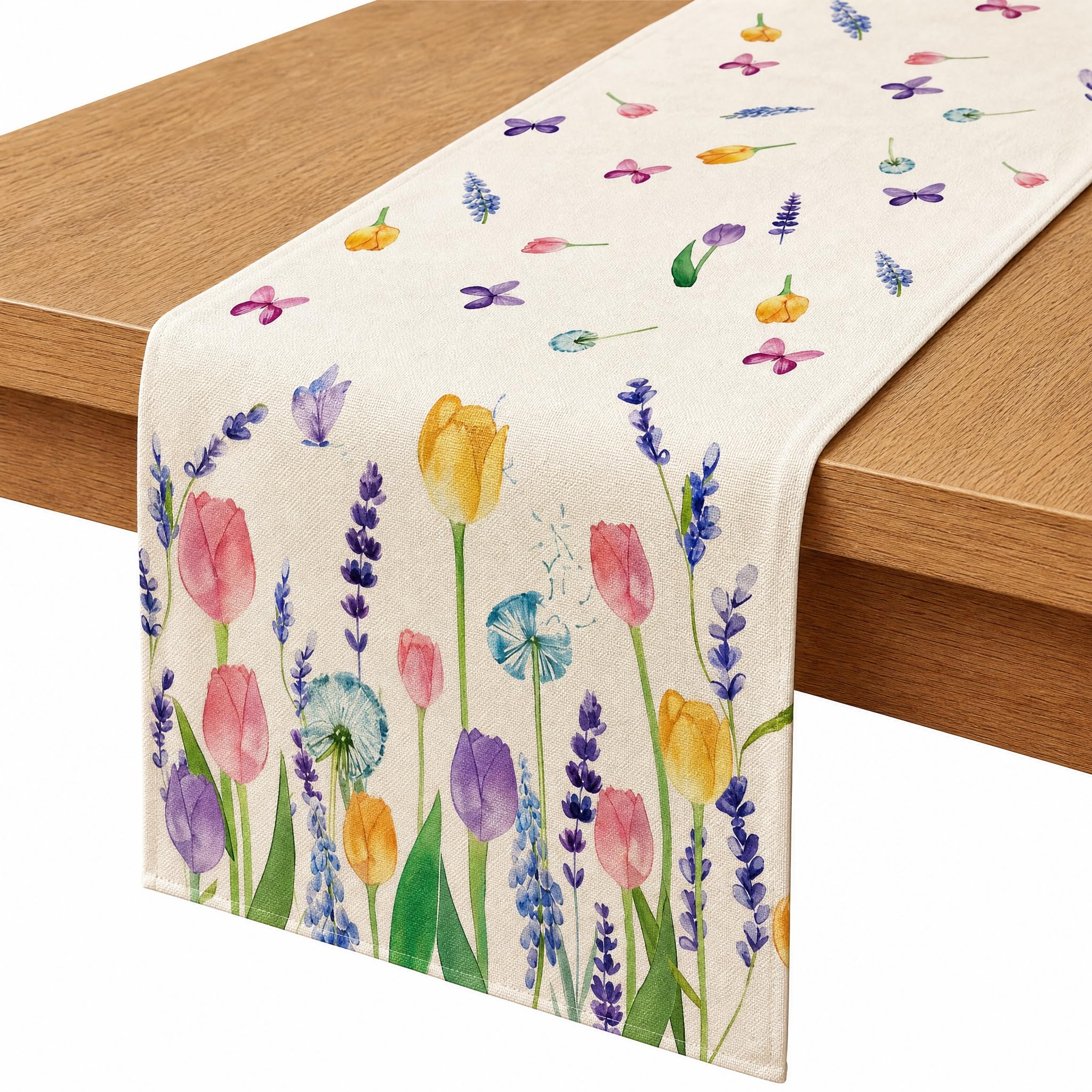 Hnycsir Floral Linen Table Runner (183x33cm), Spring Watercolor Botanical Table Mats for Dining Room, Rustic Farmhouse Kitchen Table Decor for Everyday, Party & Holiday (Spring Tulips & Butterflies)
