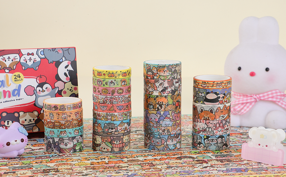 Image of 24 Rolls Colorful Cute Cartoon Animal Writable Washi Tape Set, Decorative Tapes for Scrapbooking and Journaling, Junk Journal Supplies, Bullet Journaling for Women Girl 8-15mm Wide 9.84ft Long /Roll