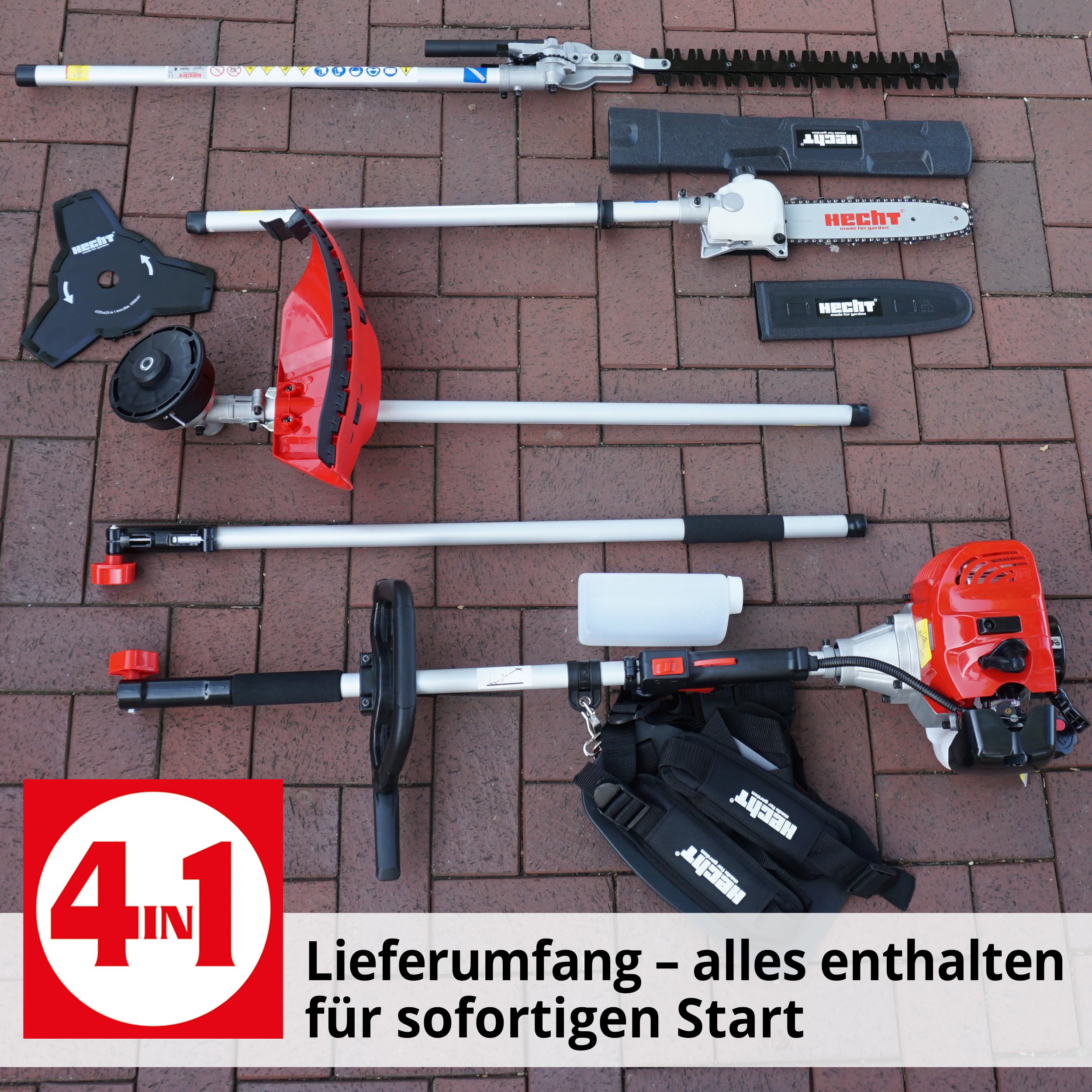 HECHT Hochwertiges 4 in 1 Benzin Multifunktionsgerät - Starke 2 PS - Freischneider, Rasentrimmer, Hochentaster und Heckenschere in Einem I Mit idealer Verlängerung