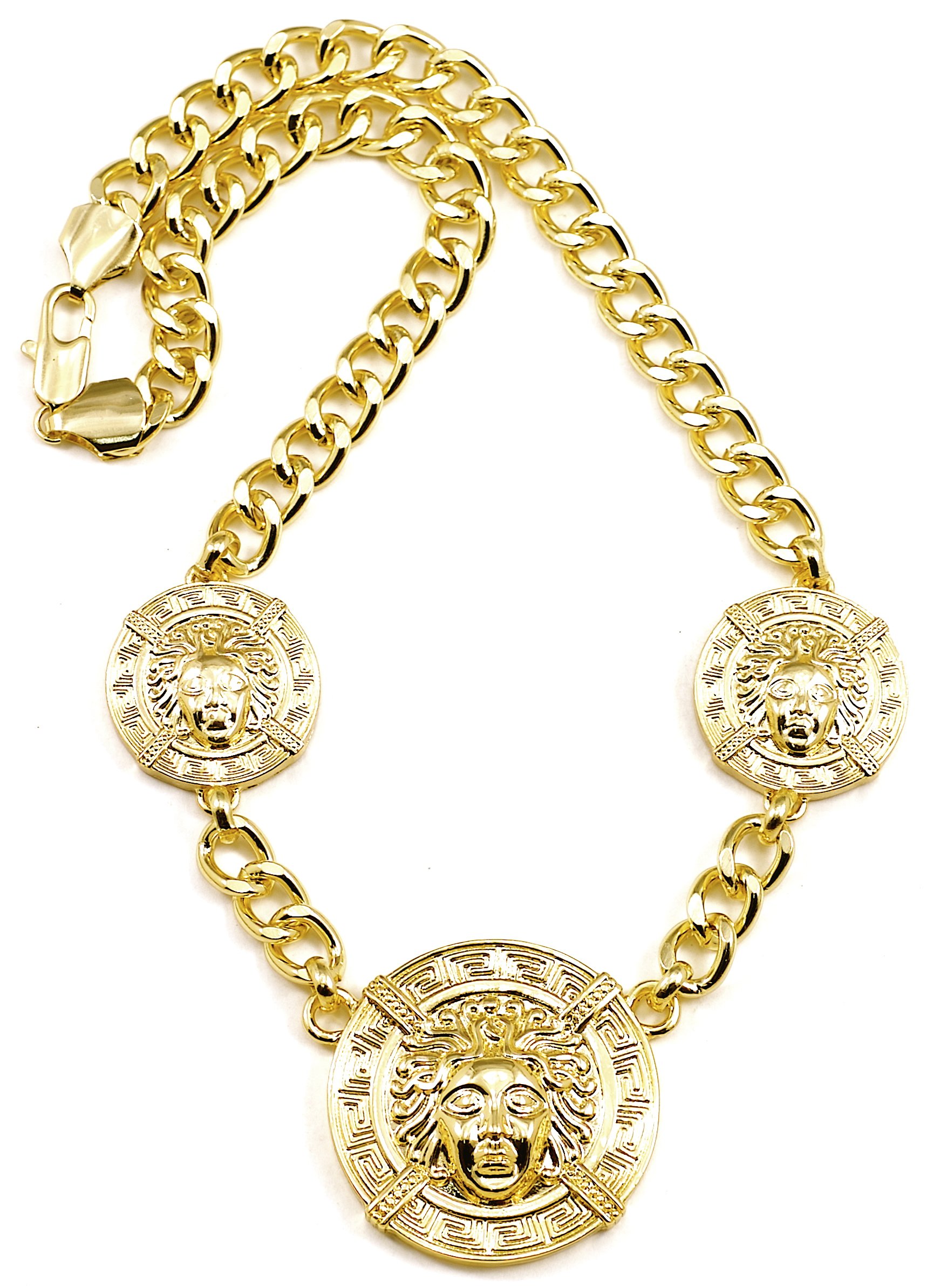 Egyptian Three Pendants with 19 Inch Cuban Link Necklace Gold Color