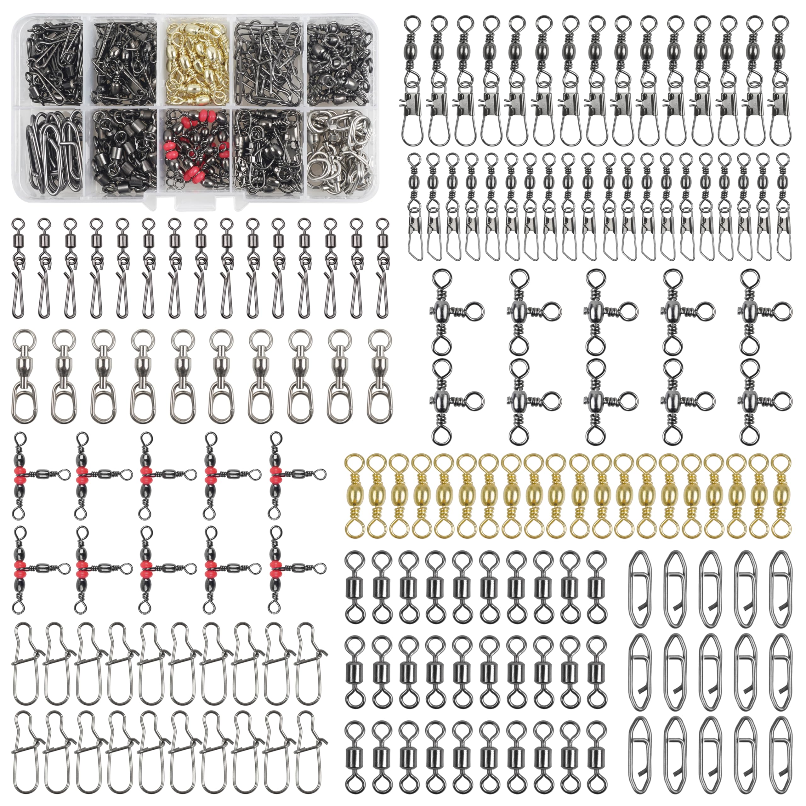 165pcs Fishing Swivels Tackle Kit Include Ball Bearing Barrel Swivels Rolling Swivel 3 Way Swivel Fishing Swivel Snaps High Strength Line Connector Fishing Accessories Set for Freshwater Saltwater