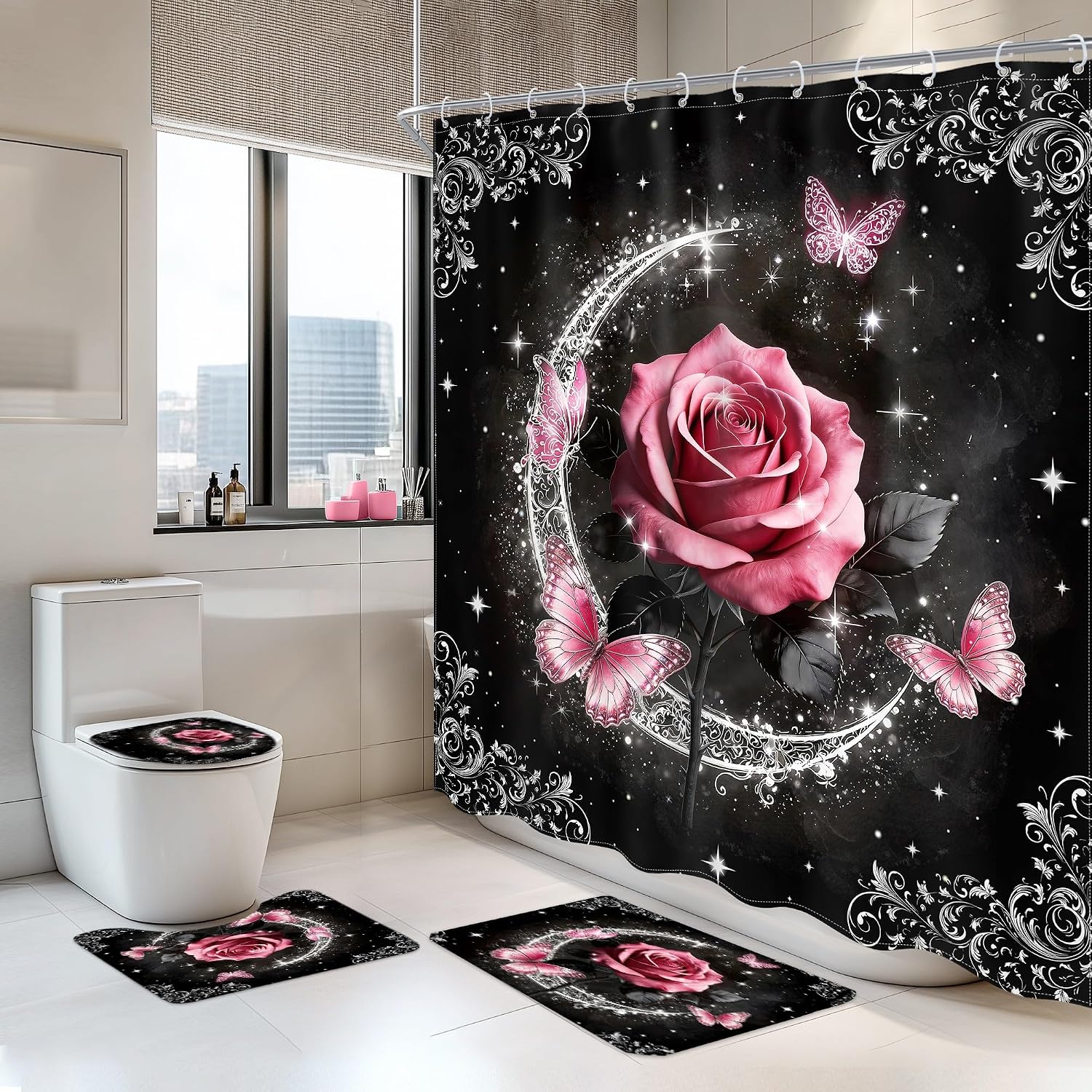 4 PCS Pink and Black Bathroom Set with Shower Curtain and Rugs 72Wx72H Inch Girls Floral Flower Butterfly Non-Slip Bath Rug Toilet Lid Cover and U Shape Mat Accessories 12 Hooks Bathoom Decor