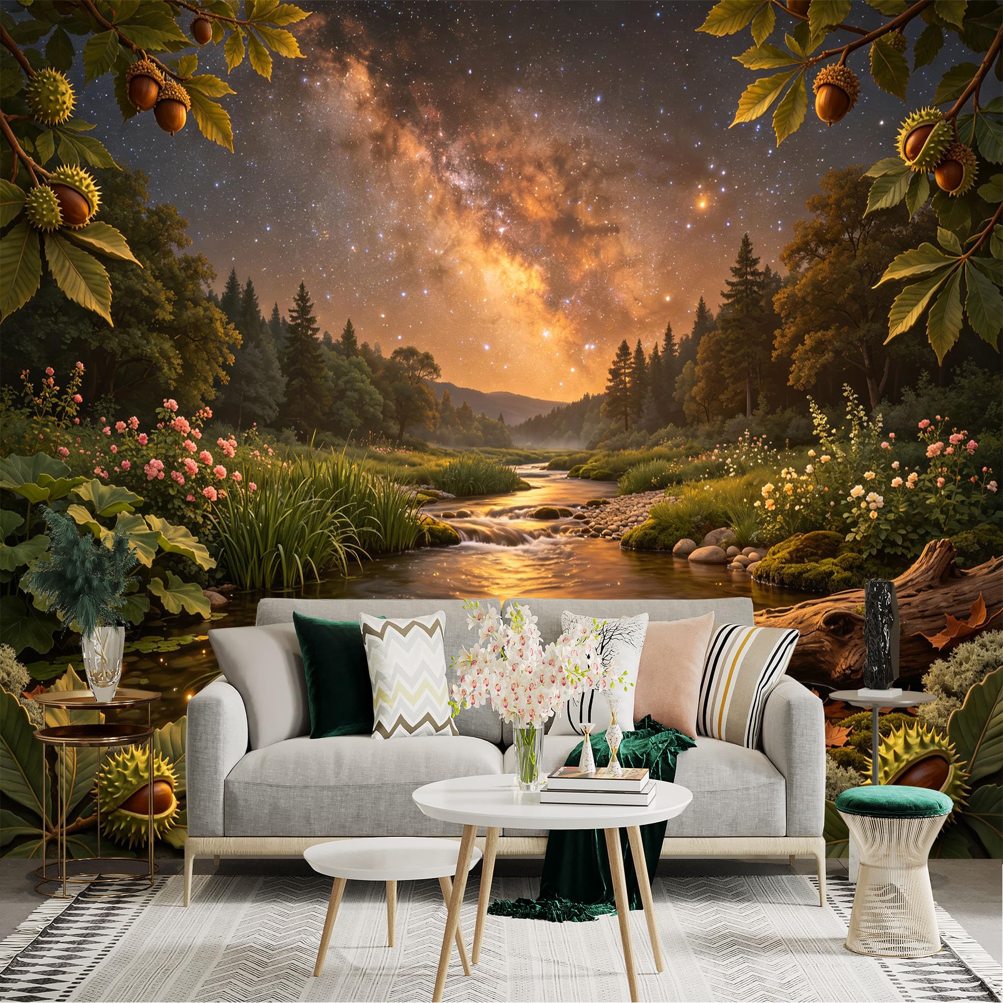 Lnzczhyre Bh260719309 Custom Size Wall Sticker Mural， Milky Way Night Sky， Flowing Stream， Chestnut Branches， Vibrant Wildflowers， For Wall Decoration， Peelandstick Wall Decals.