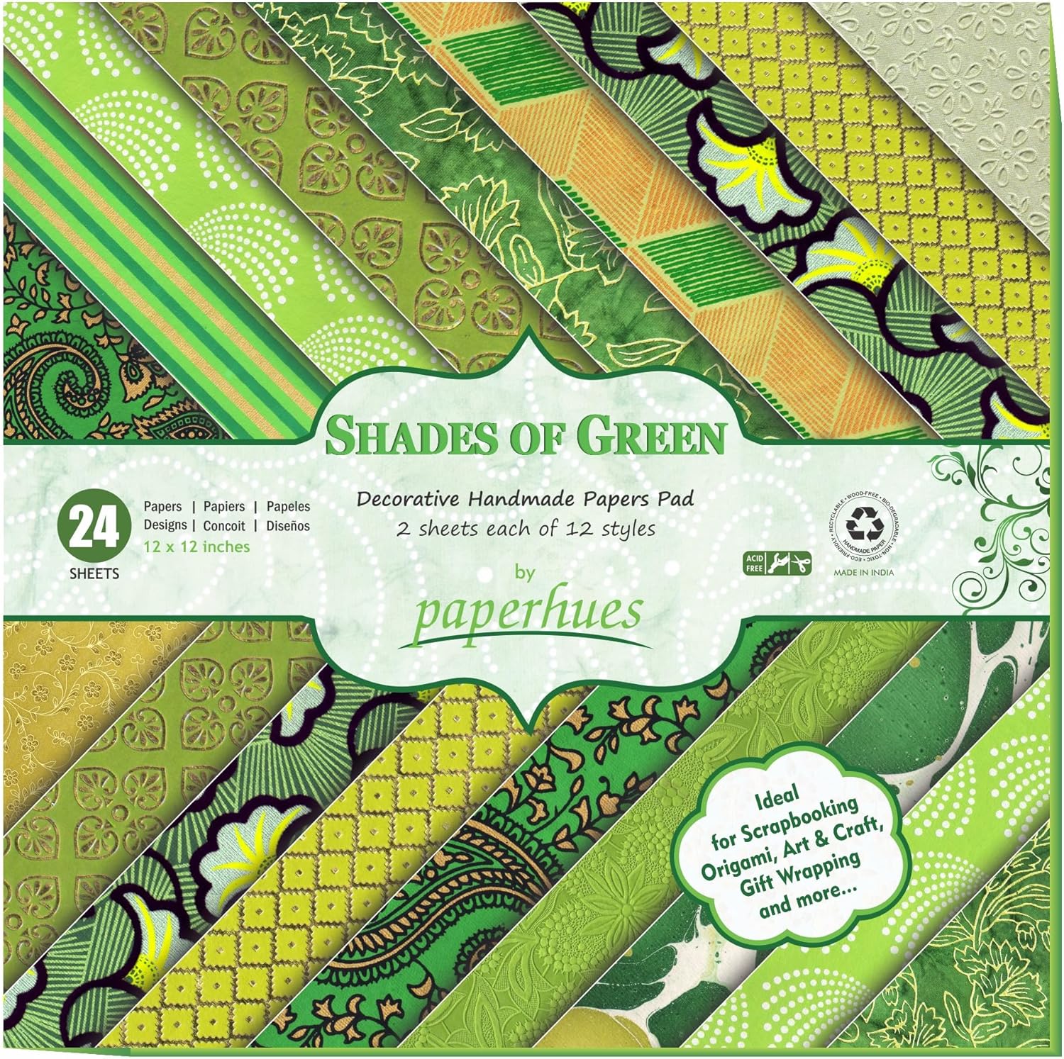 Paperhues Shades of Green Handmade Scrapbook Paper 12 x 12" Pad, 24 Sheets (2 sheets each of 12 styles)
