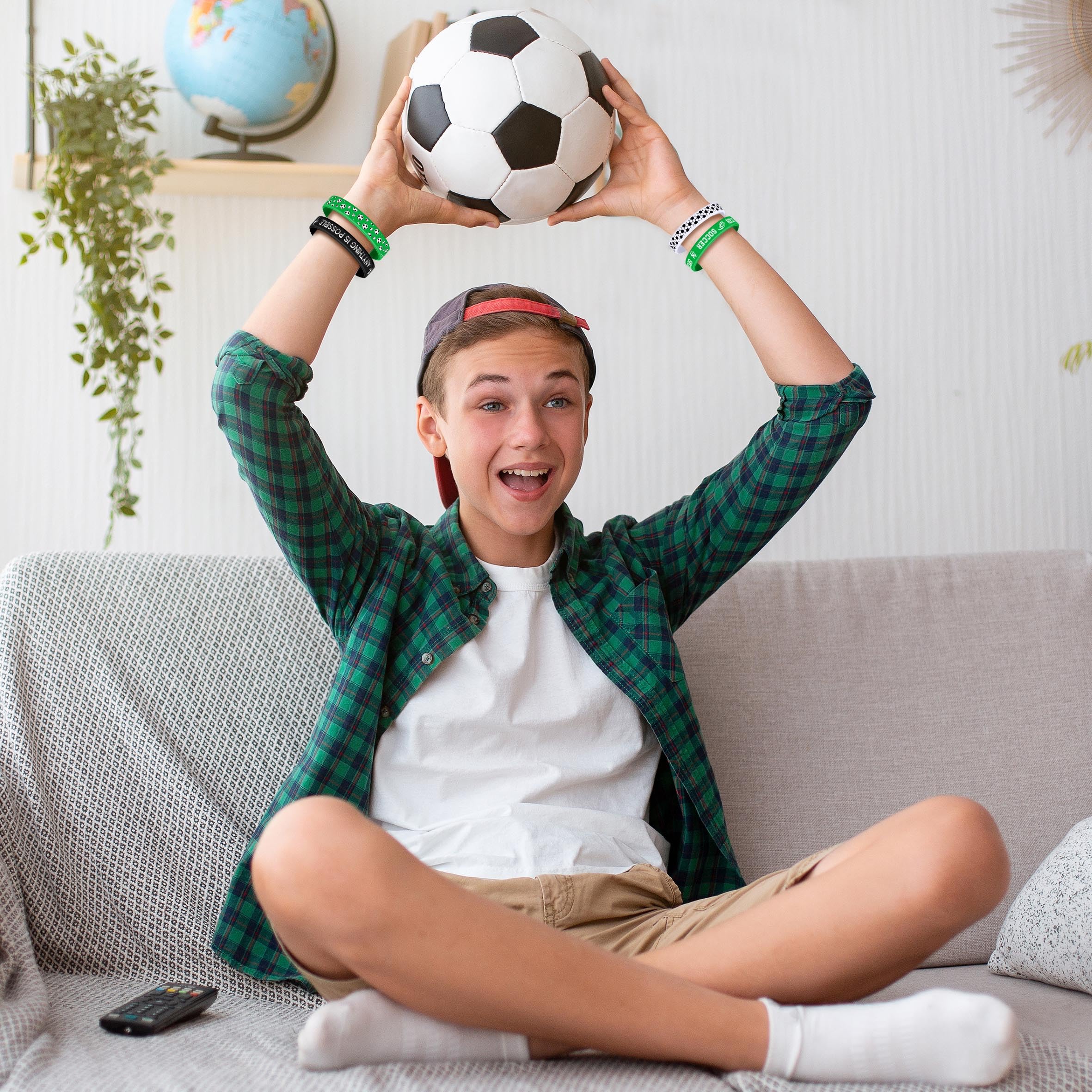 Lesnala 48 Pcs Soccer silicone bracelets Green Black White Motivational rubber wristband for Theme Birthday Party Favors Supplies Sport Events School Prizes 6 Designs