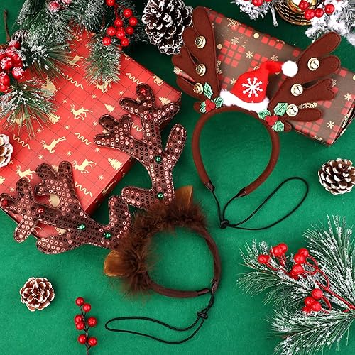 Miniatura 4 de Pedgot Paquete de 3 gorros de Navidad para mascotas, lazo para el pelo de Navidad, cuernos de reno marrón, diadema de disfraz de mascota de Navidad,