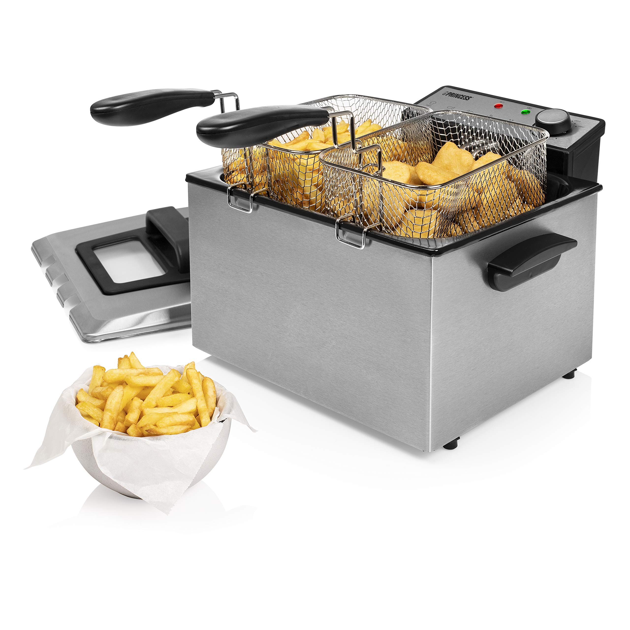 Princess 185000 – Fryer with 3 semi-professional baskets, one large and two small, cold zone, power 3270 W, volume of 5 litres, stainless steel