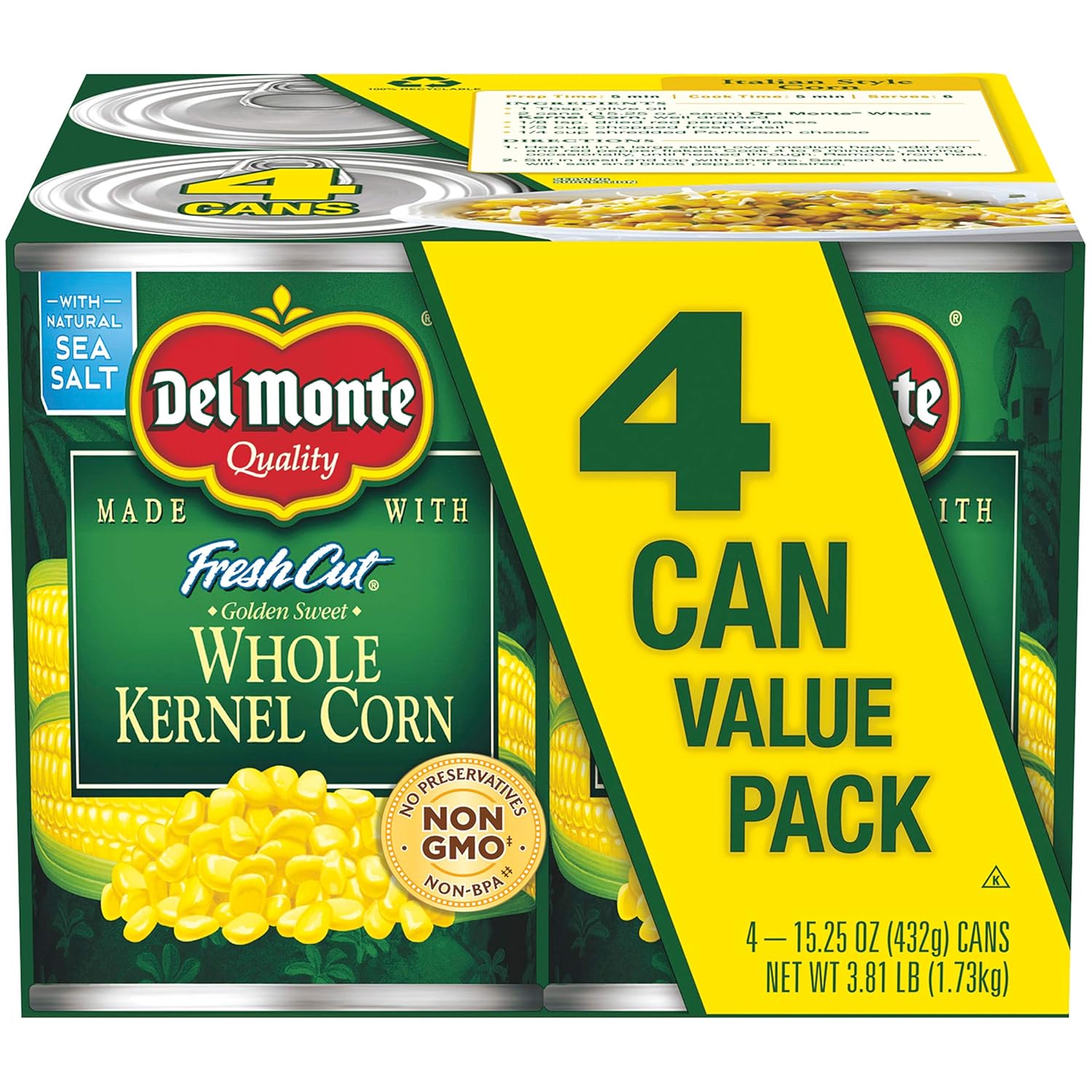 Del Monte Fresh Cut Golden Sweet Whole Kernel Corn 4-Pack, 15.25oz Cans - Non-GMO, Peak Freshness Packed