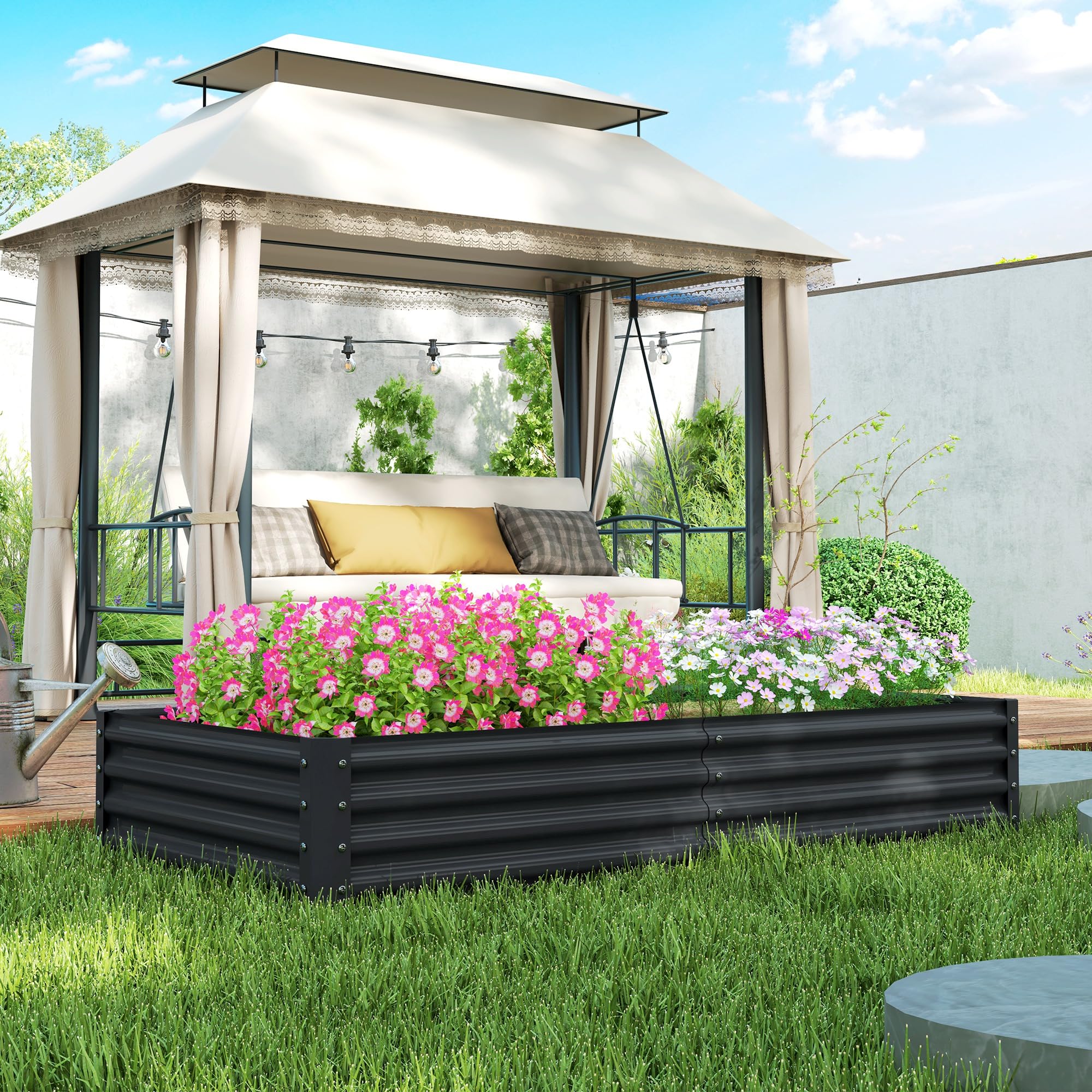 Outsunny Jardinera Elevada de Acero Galvanizado Huerto Urbano para Cultivar Plantas Flores Hierba Macetero Grande Exterior Rectangular con Fondo Abierto 180x90x30 cm Gris Oscuro