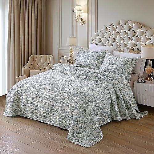 DURLENGEN Juego de edredón botánico gris azulado tamaño Queen de 3 piezas, estampado gris azulado con patrón de hojas beige, juego de colcha ligera