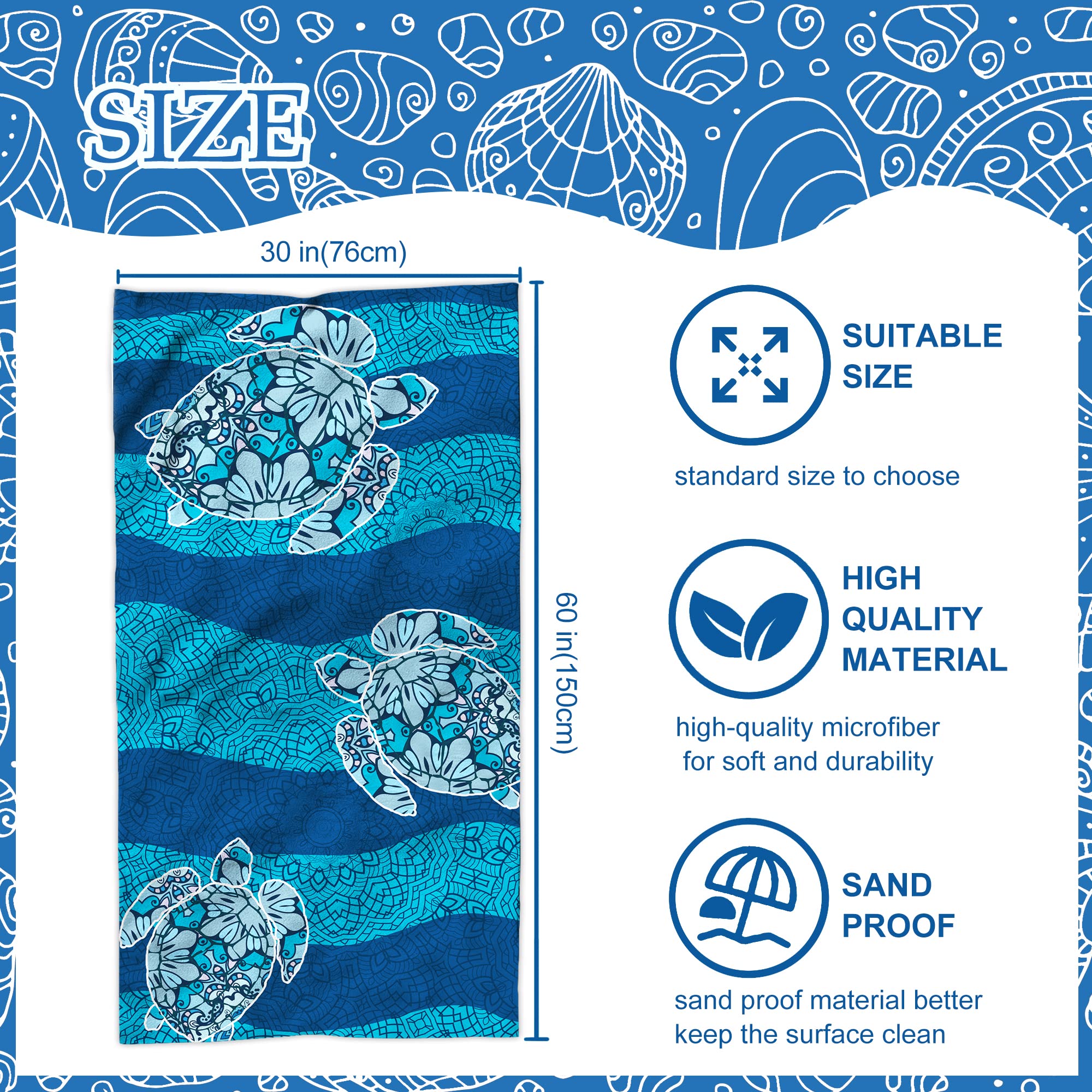 Beinkmake Turtle Microfiber Beach Towel - 30x60 Inch Oversized Quick Dry Sandproof Towel For Pool & Travel
