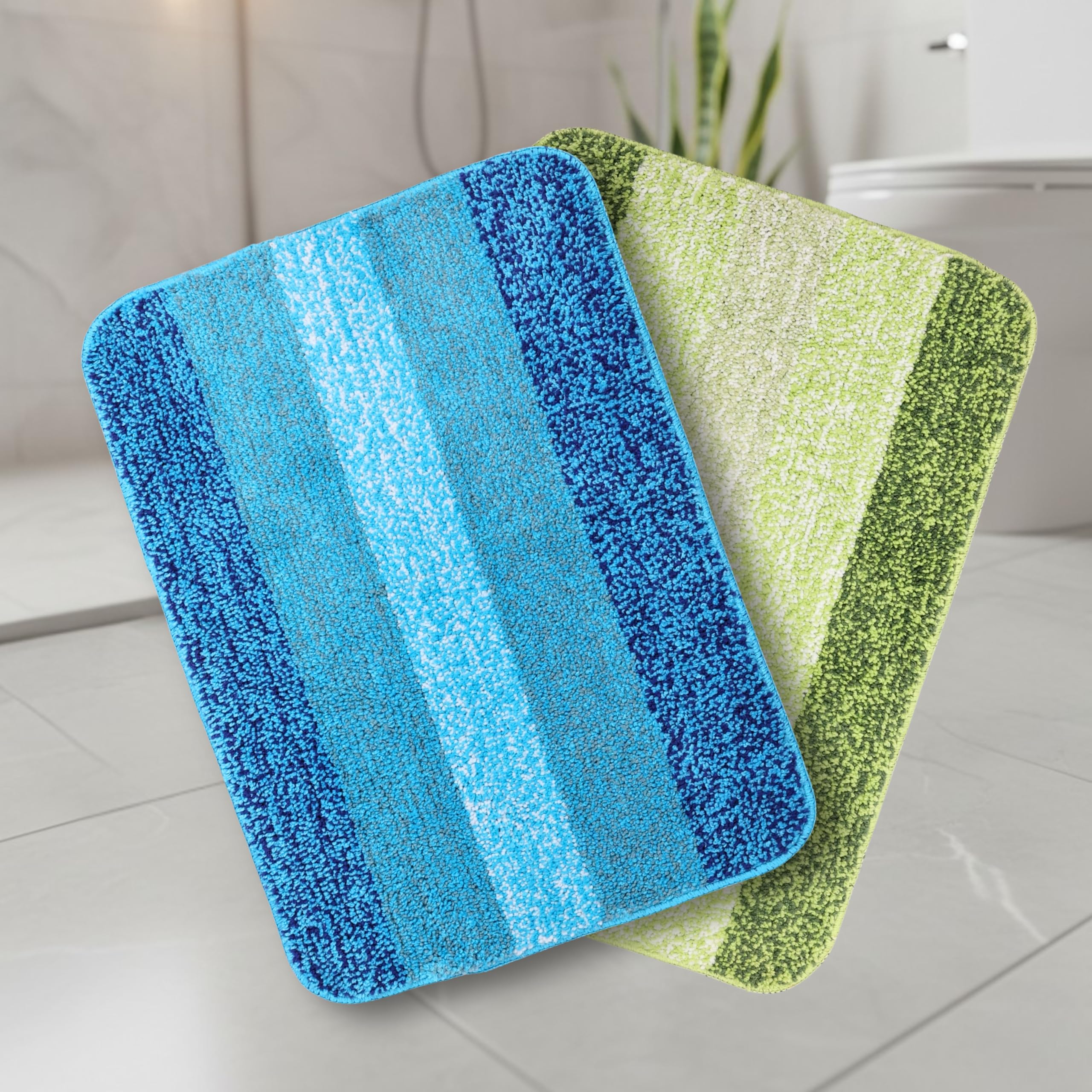 Saral Home Microfiber Striped Rectangle Shaped Anti-Skid Bath Mats | Soft & Super Absorbent Mats for Shower | Washable, Non-Slip & Quick-Drying Mats, 50X70 CM | Set of 2(Turquoise & Green)