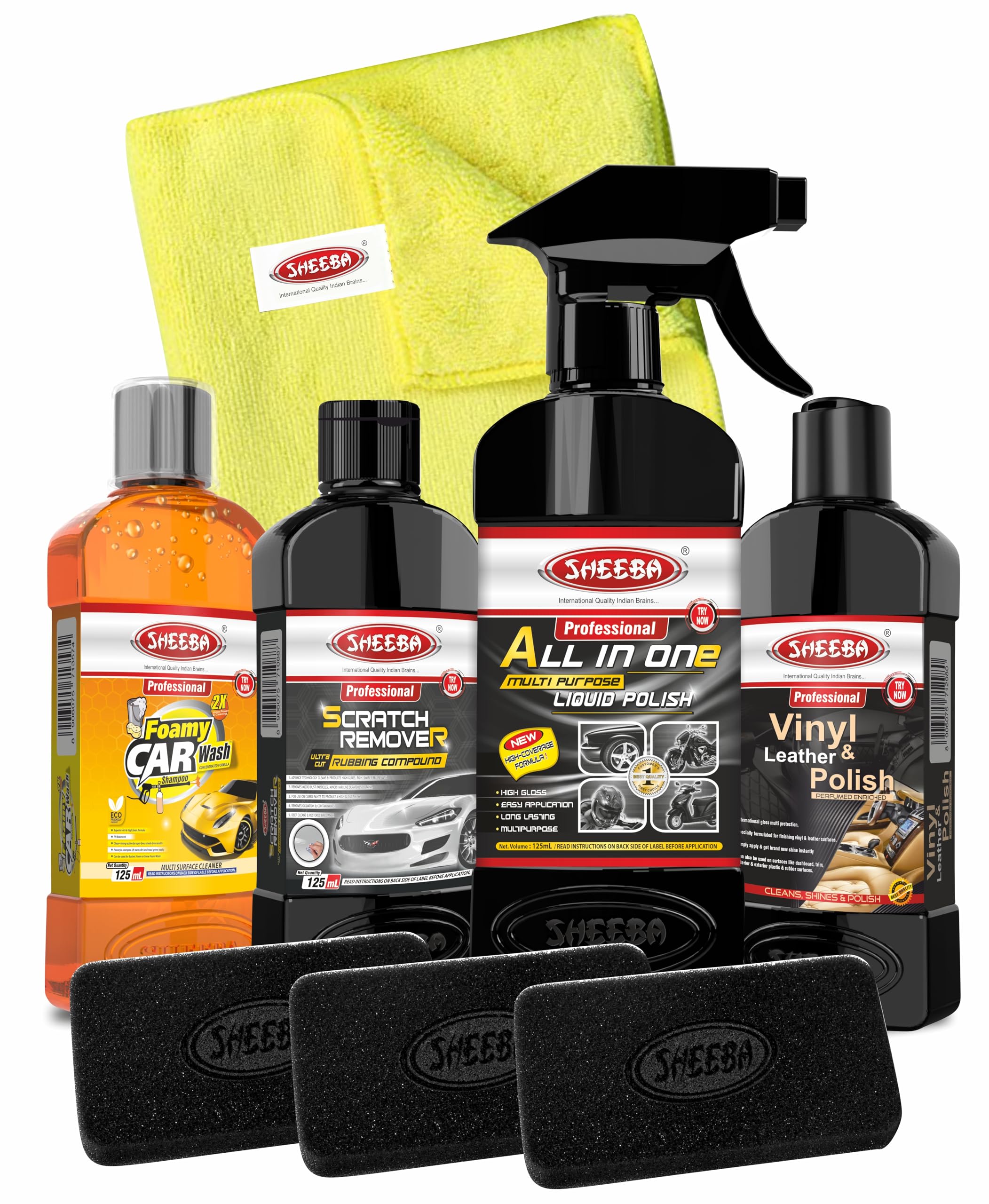 SHEEBA Car Care Kit with All in one Polish, Scratch Remover, Vinyl & Leather Care, Car Wash Shampoo, Foam Applicator Pads & Microfiber Detailing Towel | Cleans, Shines, Protects (Model P6)-image-25
