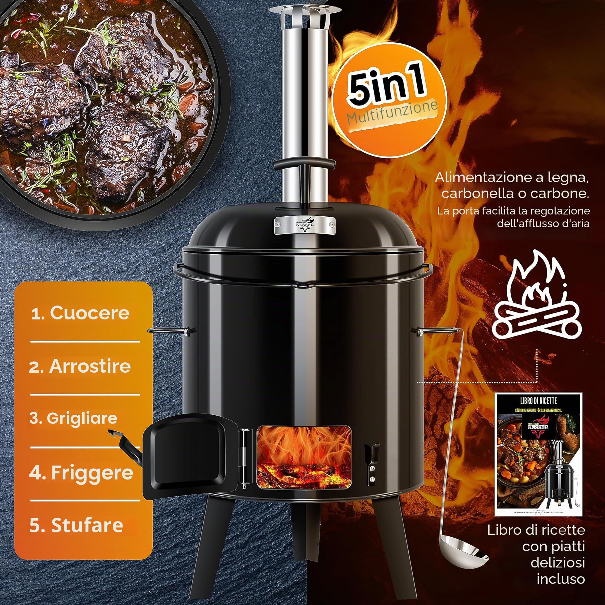 KESSER® Pentola per gulasch | Forno con Funzione Grill, griglia a Sfera + arrosto per Pollo 8 l Padella gulasch pentola 17 Litri Smaltata con Coperchio per la Cucina all'aperto