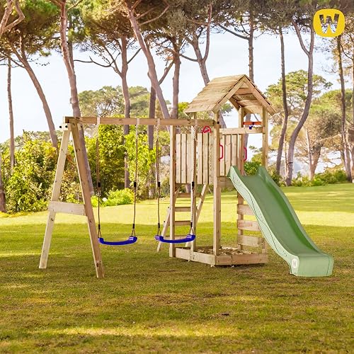 Wickey Wooden climbing frame MultiFlyer with wooden roof, swing set & slide, Outdoor kids playhouse with sandpit, climbing ladder & play-accessories for the garden - green pastel - 4