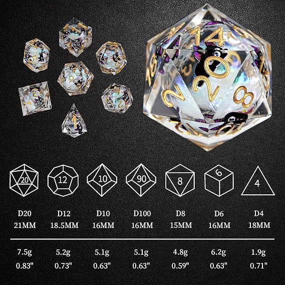 GU EI TE Liquid Core Resin DND Dice,Cat Style Polyhedral Dice 7-Die Set Quicksand Handmade for RPG MTG Table Games