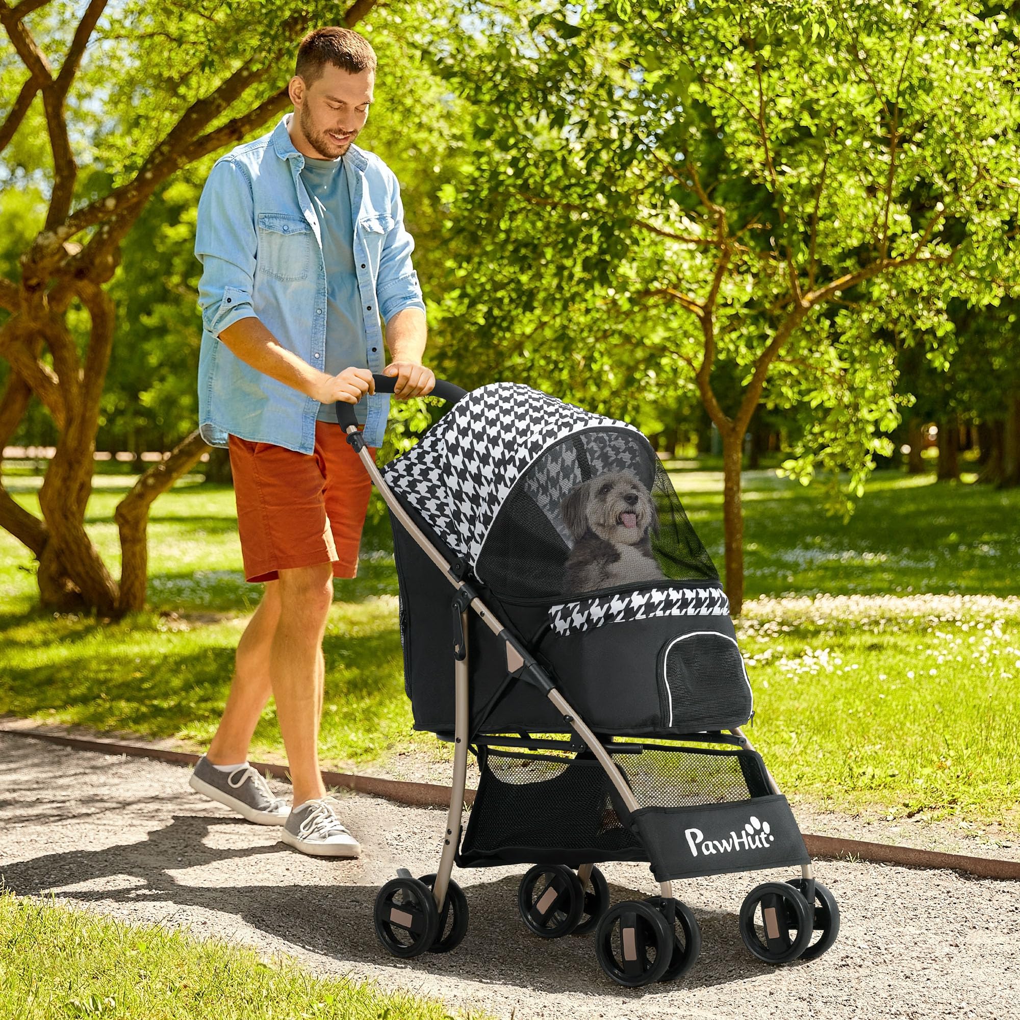 PawHut Passeggino pieghevole per cani con 2 porte, finestra a rete, cestino di sicurezza e cuscino 80x44,5x97 cm Nero