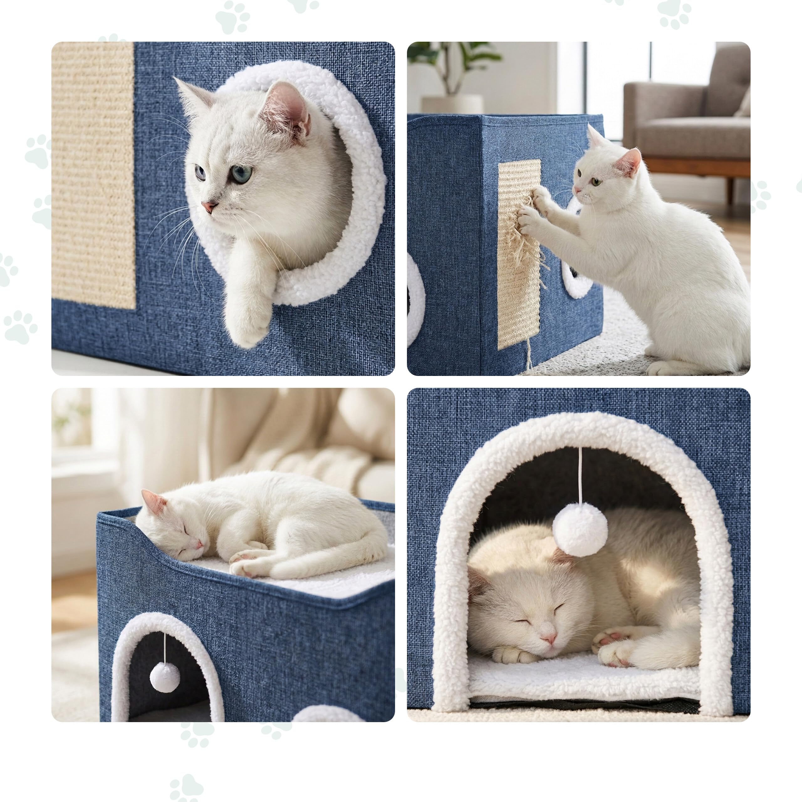 Grotte pour Chat Relaxdays, H x L x P : 34 x 60 x 40 cm, griffoir, Balle, 2 Coussins, Pliable, Bleue