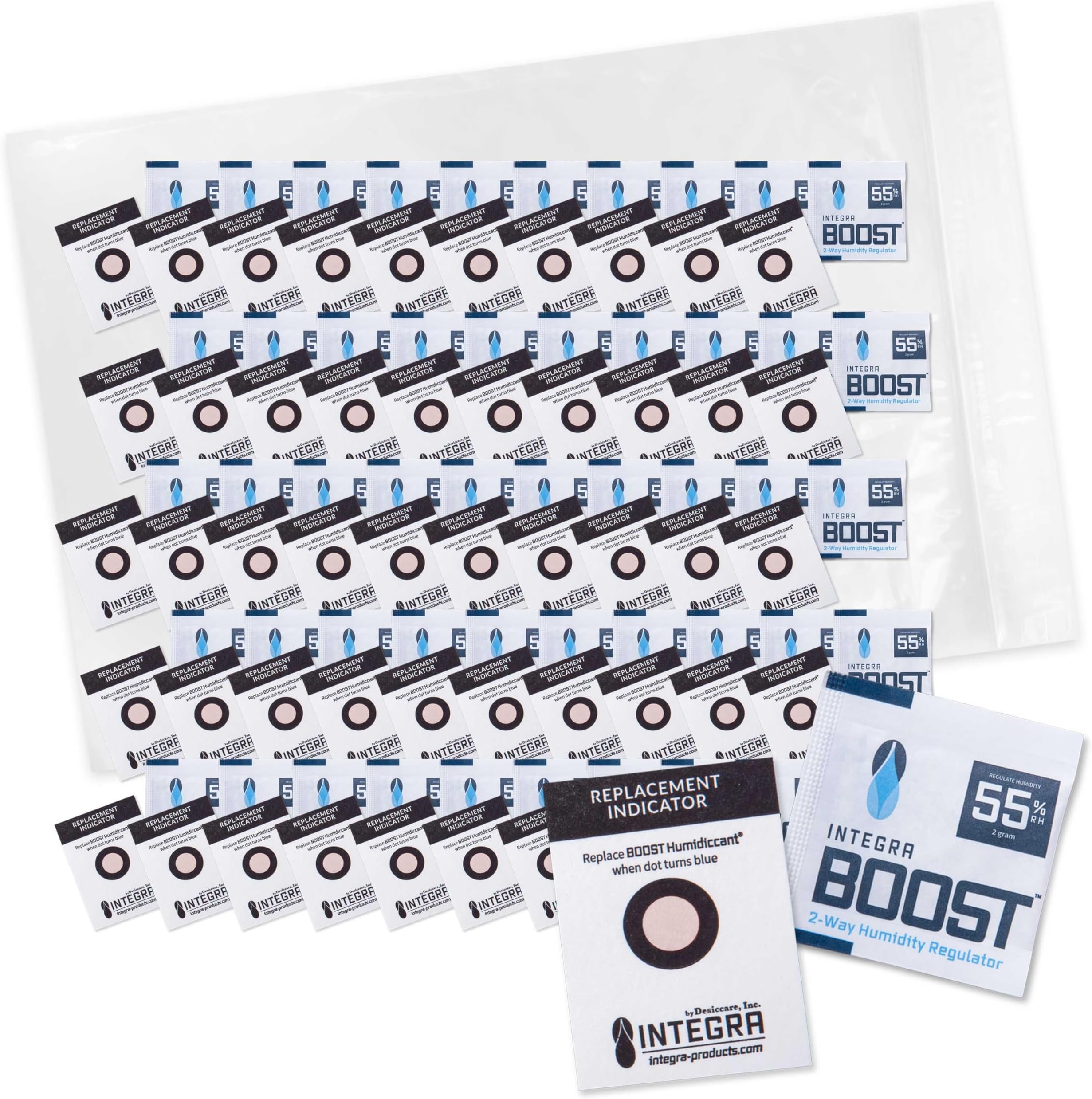 55% RH 2-Way Humidity Control Pack, 2g, Pack of 50 | Two way Moisture Absorber for Herbs, Spices & Food Storage, Preserves Flavor, Includes Humidity Indicator Cards