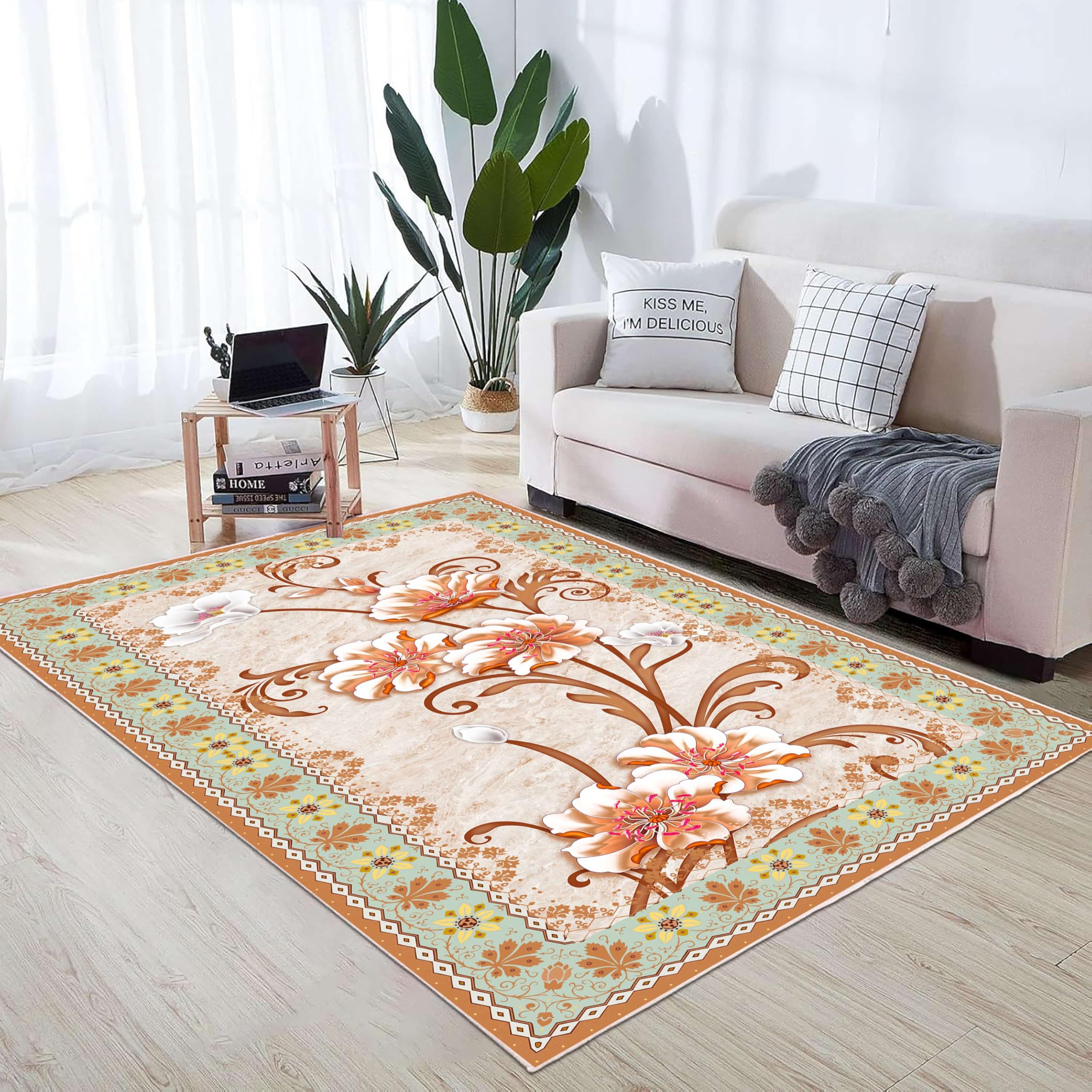 ZCLRUG Floral Washable for Bedroom Area Rug, 160 x 200 cm plants Pink stamens Green Leaves Print Rug, Non Slip Soft Low Pile Oriental retro style Orange White Floor mat for Kids Room indoor Carpet
