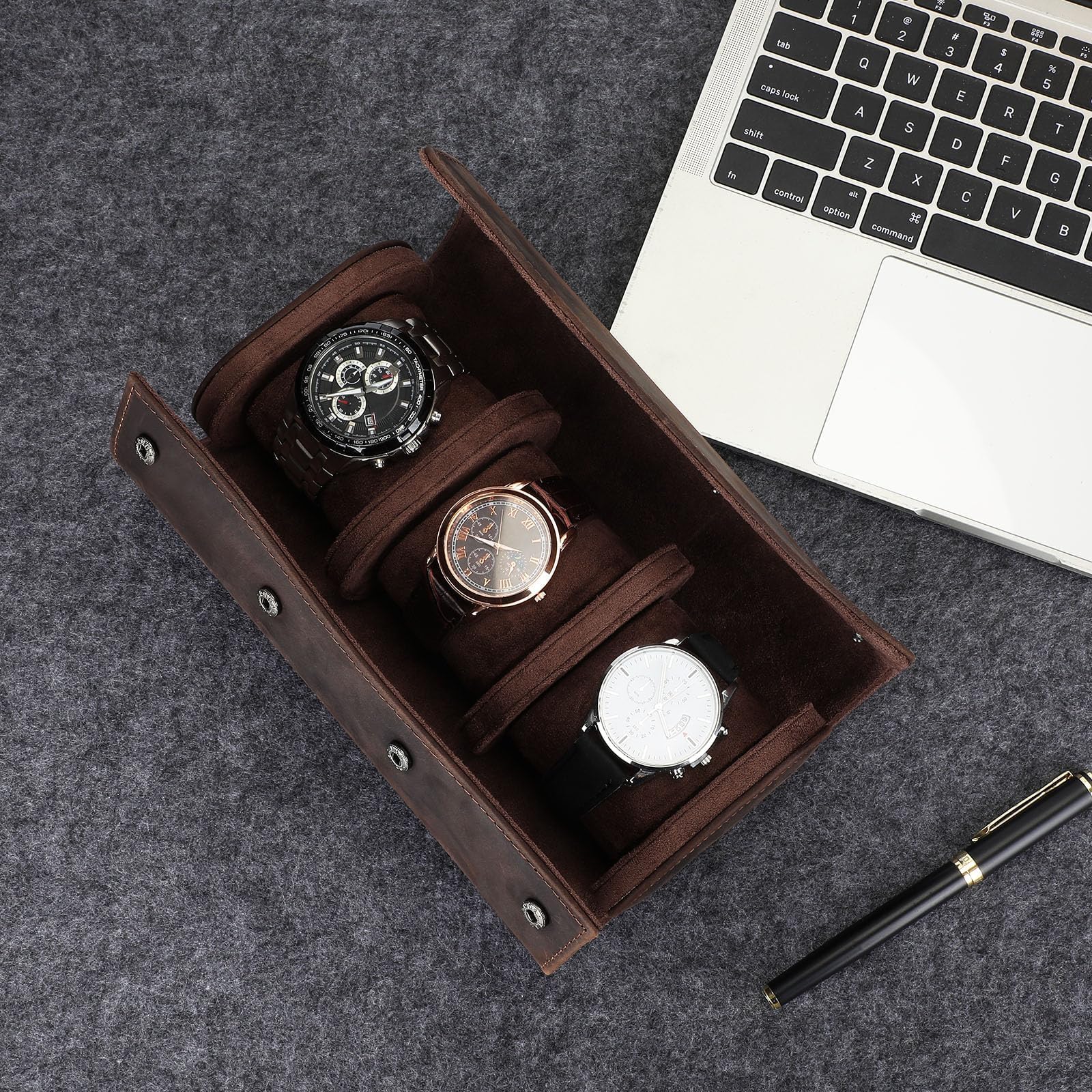 VINBAGGE Caja de Reloj, Estuche Enrollable de 3 Piezas Cuero,Estuche de Reloj Estuche de Reloj de Viaje Organizador Protector para Relojes de Pulsera