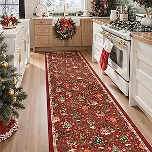 Madane Christmas Runner Rug 2x8, Washable Red Hallway Runner Rugs, Non-Slip Low-Pile Soft Kitchen Rug, Vintage Xmas Holiday Decor Throw Entry Foyer Mat for Entrance Laundry Living Room