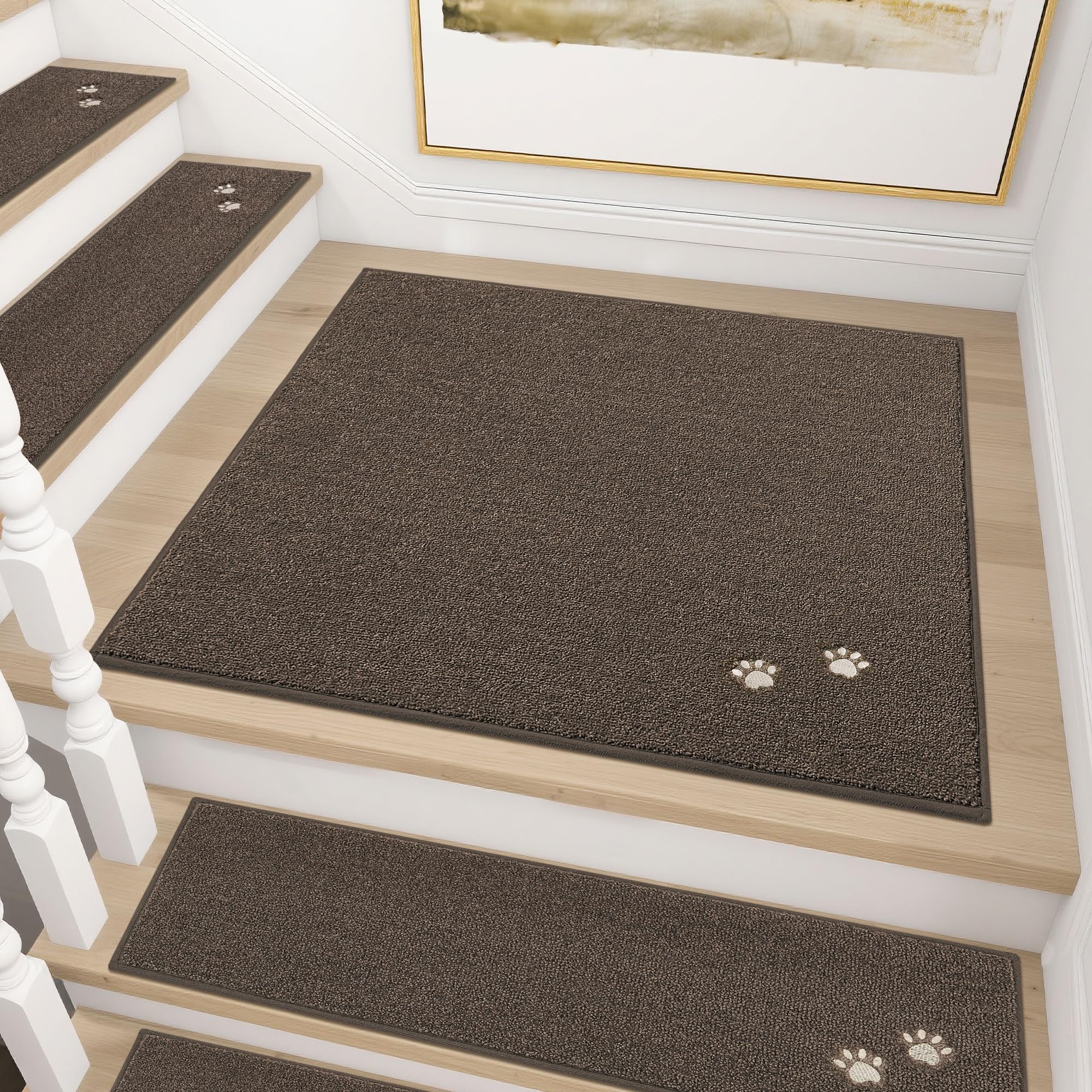 Photo 1 of BEQHAUSE Stair Landing Rug Non-Slip 30"x30", Square Stair Landing Mats for Stairs Washable, Carpet Stair Treads Matching Mats for Wooden Steps Indoor Landing Rugs Surface Polyester TPE Backing, Brown