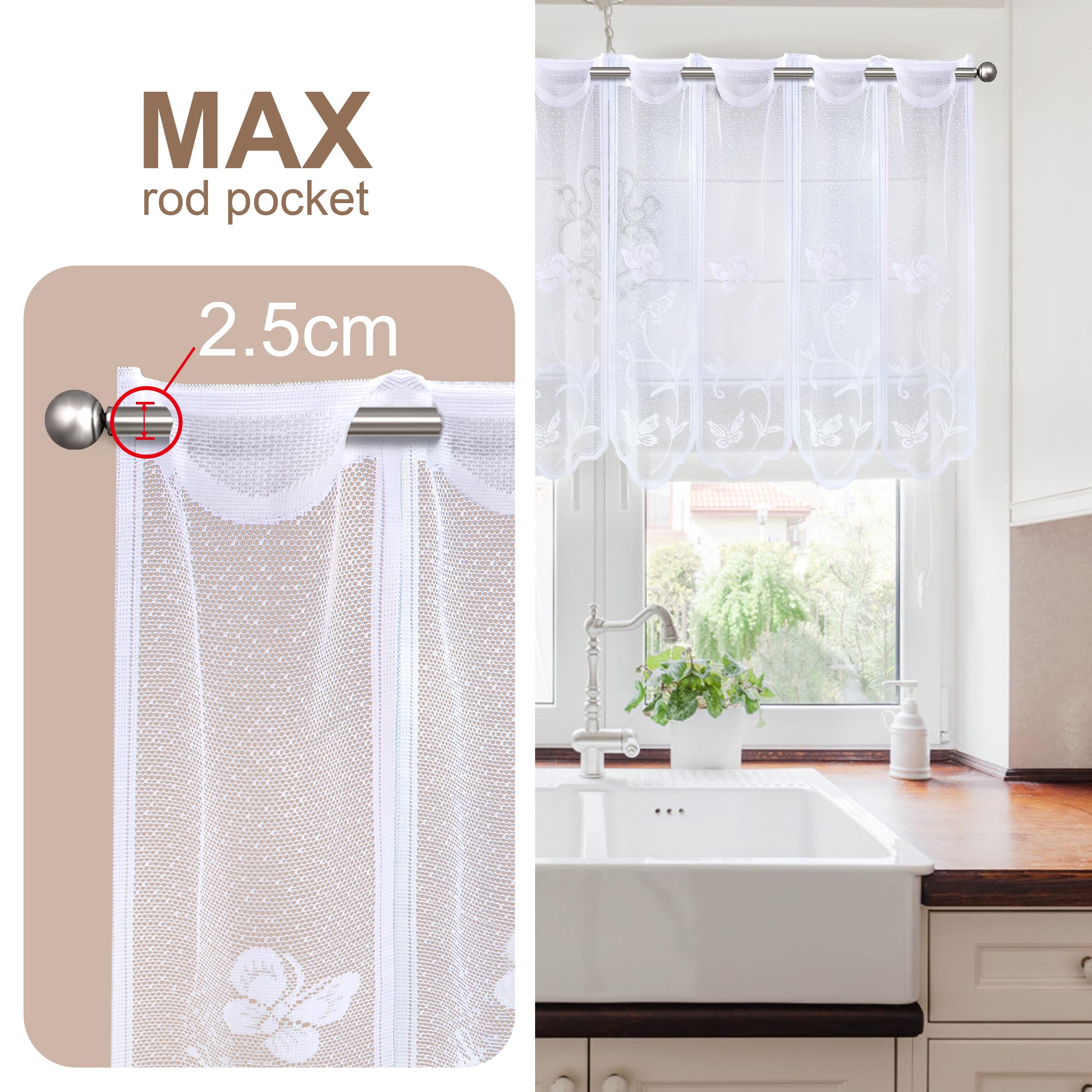Tendina Corta Voile Per Finestra, 75x61 Cm (LxH), Tende Semitrasparenti Con Tasca Per Asta, Per Cucina E Bagno, Bianco, 2 Pannelli - 2