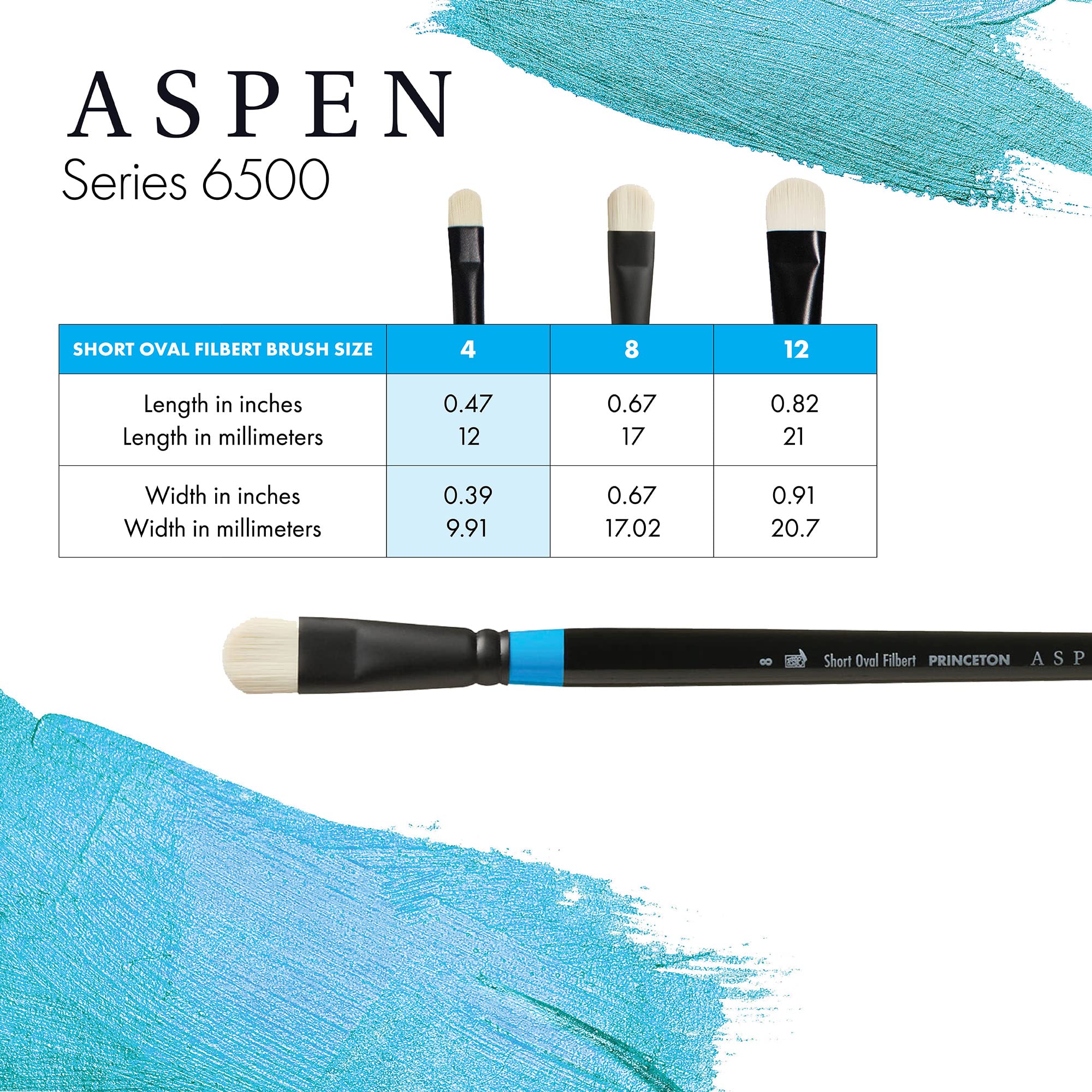Princeton Aspen, Glare-Free Indoor/Outdoor Brush for Acrylic & Oil, Series 6500S Short Oval Filbert Synthetic, Size 4 (P6500SO4)
