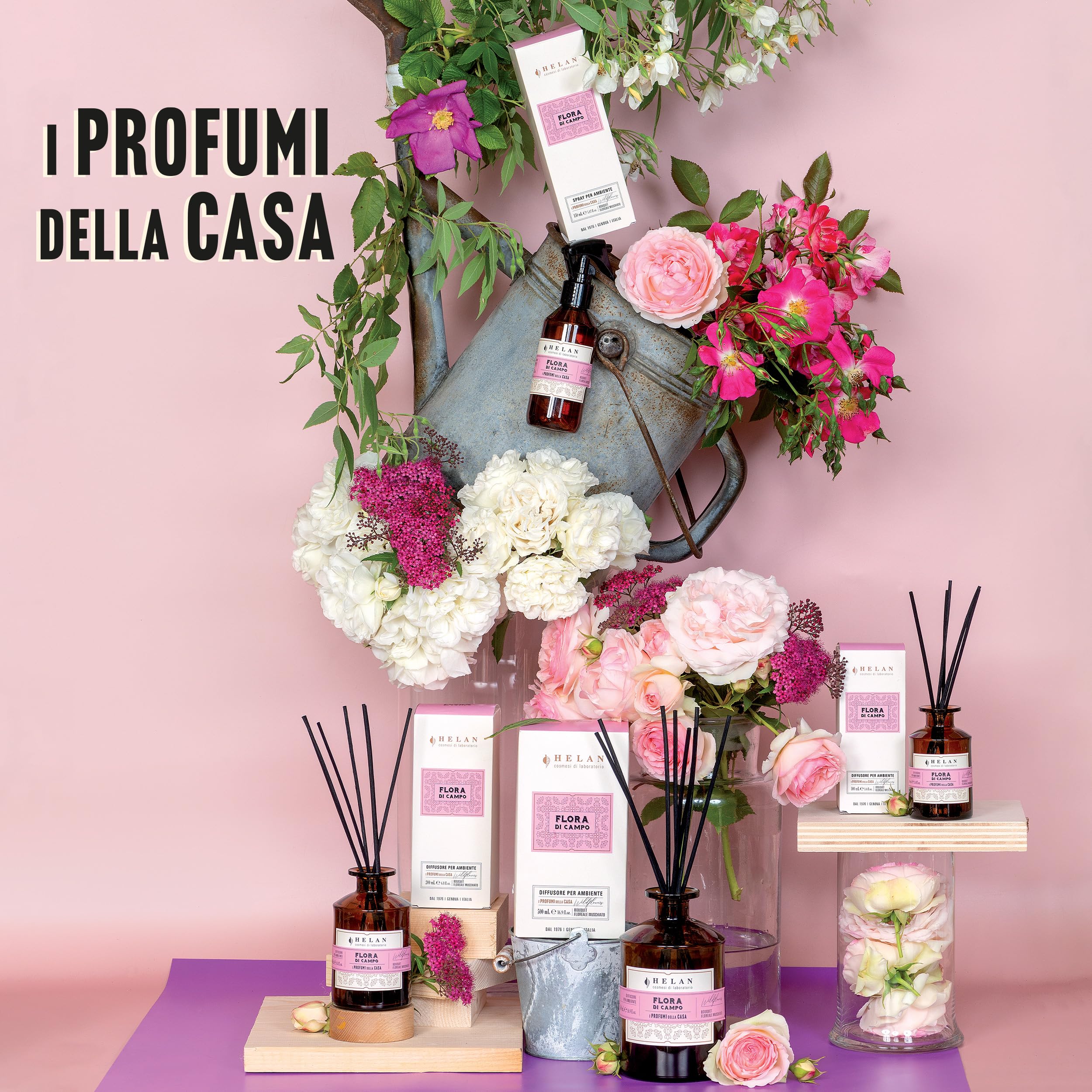 Helan Flora di Campo odświeżacz powietrza, domowe perfumy z piżmowymi nutami kwiatowymi, pałeczki dyfuzora, dezodorant pomysły na prezent i odświeżacz powietrza, 500 ml, wyprodukowano we Włoszech