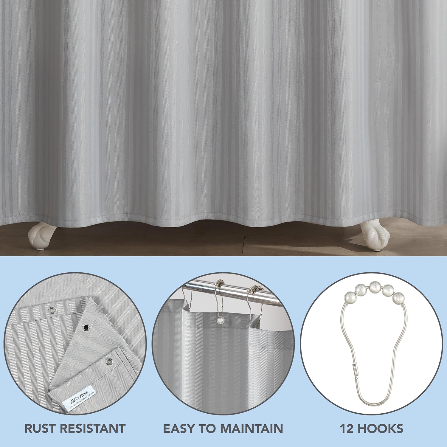 Arkwright Bulk Shower Curtain Set - Case of 12 - Stainless 12 Metal Hooks, Modern Damask Woven Washable Fabric with Weighted Hem & Rust-Proof Grommets, 210 GSM Heavy Duty, 72 x 72 in, Light Grey