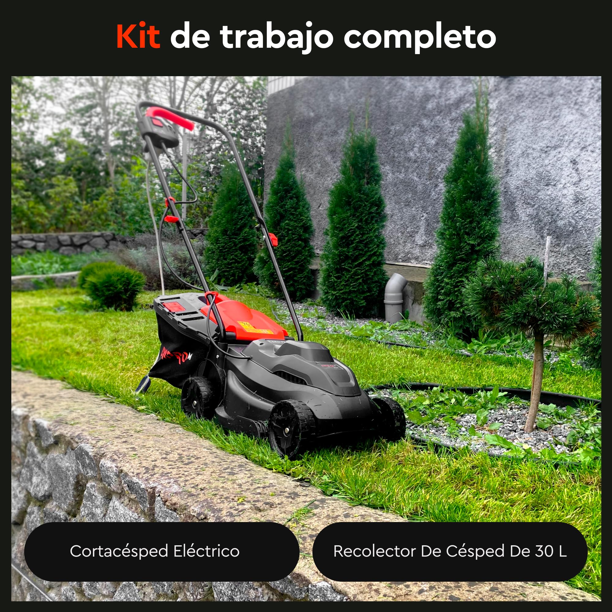 Cortacésped Eléctrico de 1000W, Ancho de Corte 32 cm, 3 Alturas de Corte 25–65 mm, Recogedor 30 L con Indicador, 6,4 kg, IPX4, Manillar Plegable - 32N
