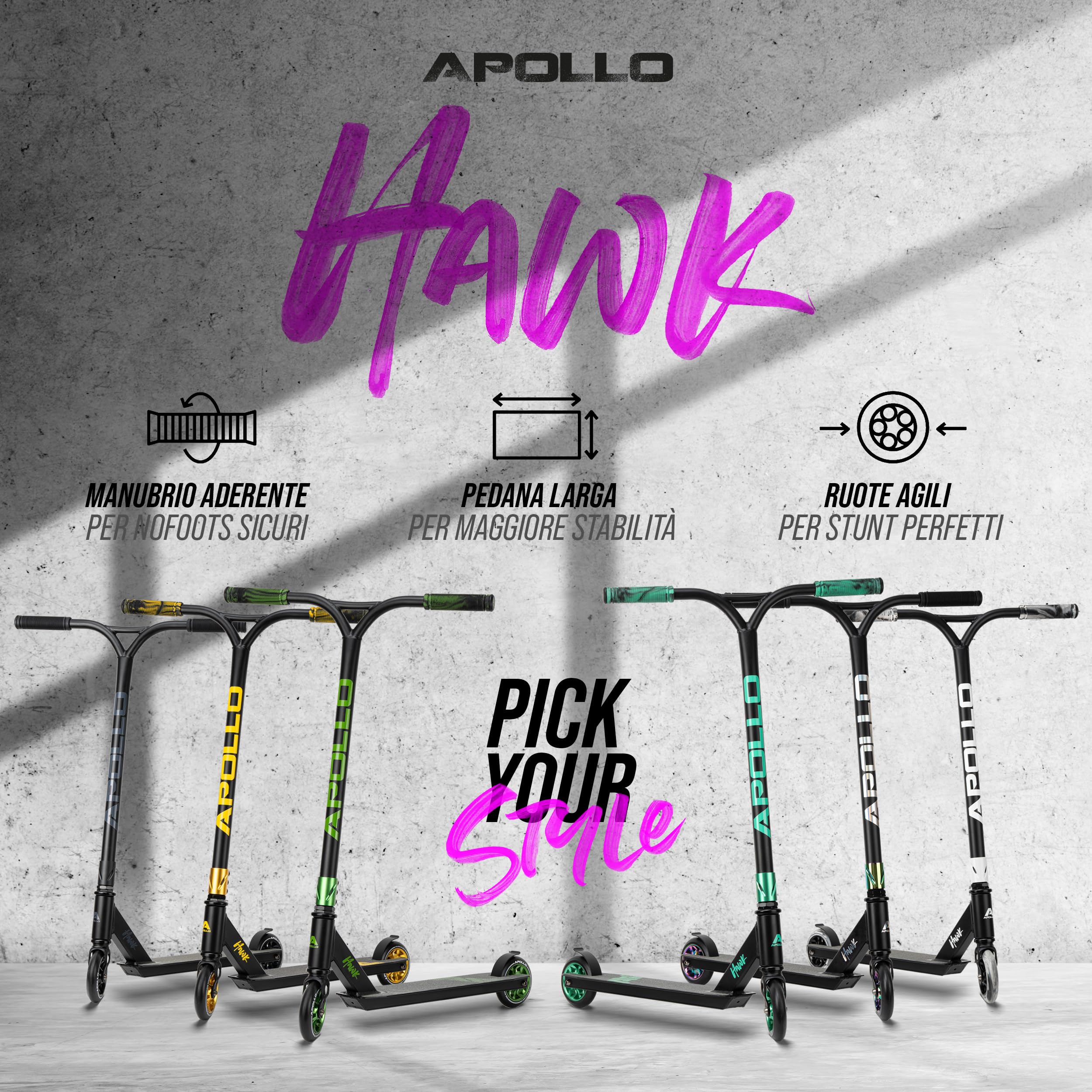 Apollo Stunt Scooter Hawk - Freestyle Kick Scooter per bambini e adulti, Monopattino per bambini, Monopattino per trick per ragazzi e ragazze dai 6 anni