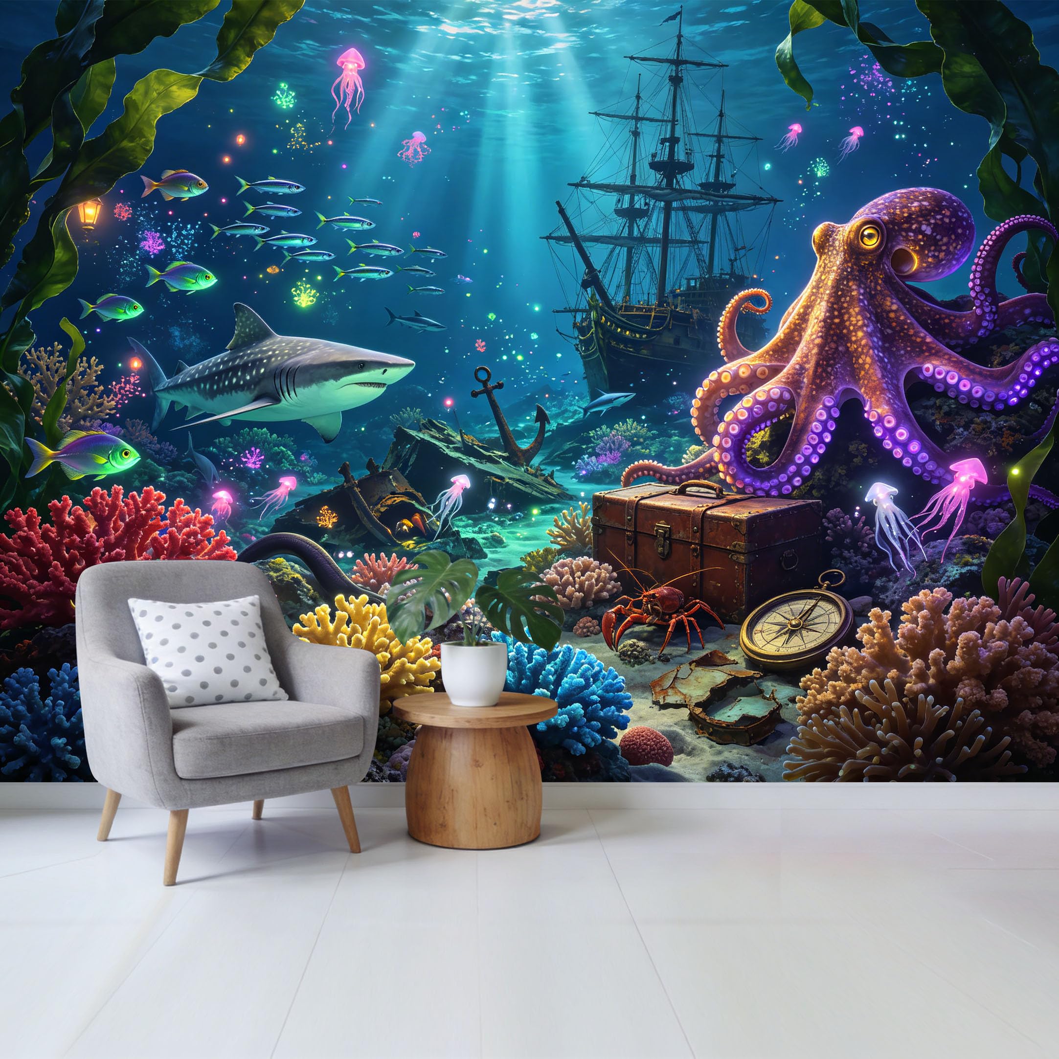 Custom Size Wall Mural Underwater Shipwreck Octopus Shark Coral Reef Marine Life Removable Self Adhesive Fabric，Home Wall Decor for Living Room Bedroom Bathroom