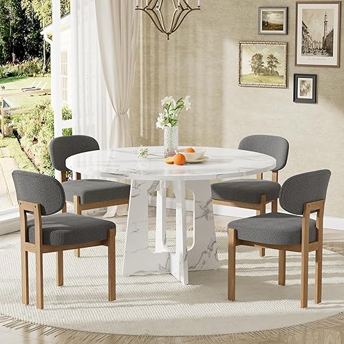 Miniatura 18 de Moderno juego de mesa de comedor de 5 piezas con 4 sillas, mesa de comedor redonda de madera de nogal MDF, sillas tapizadas de tela gris con patas