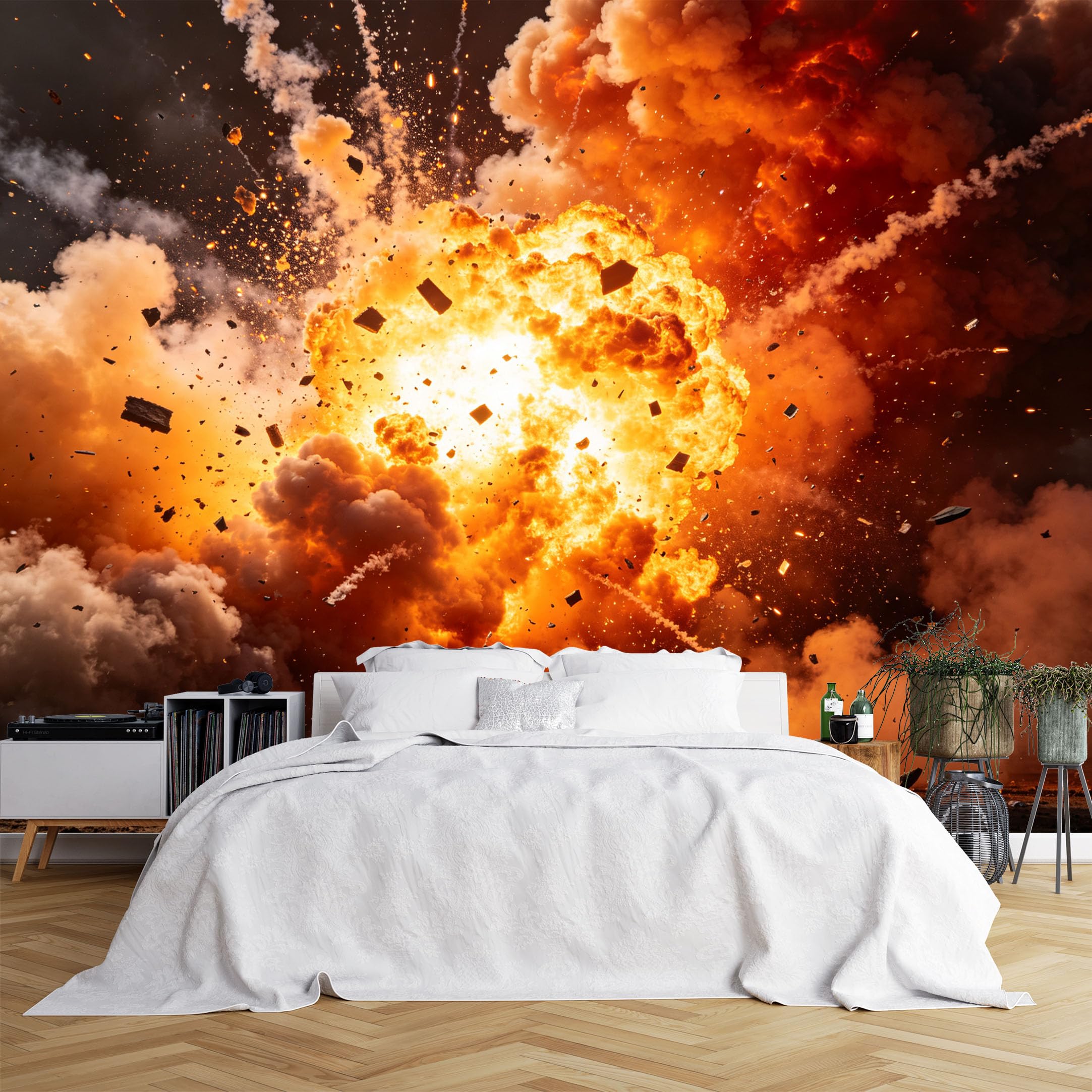 Lcythiazole Ch260615178 Custom Size Wall Murals Intense Fire Explosion Flying Debris Dark Background Realistic Self-Adhesive Wall Fabric (No Pvc) Removable Wallpaper For Basement Game Room