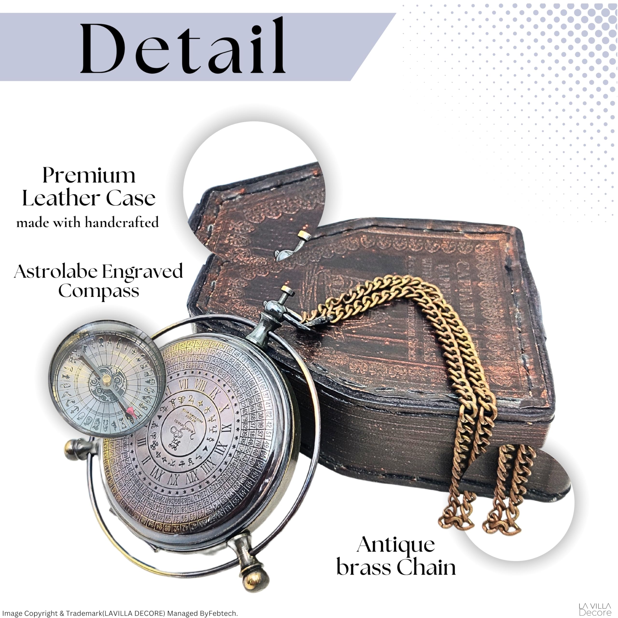 LAVILLA DECORE - Brújula de reloj solar de latón envejecido, reloj único en funda de cuero, regalo de boda 25, 20 para marido o esposa, réplica de reloj solar