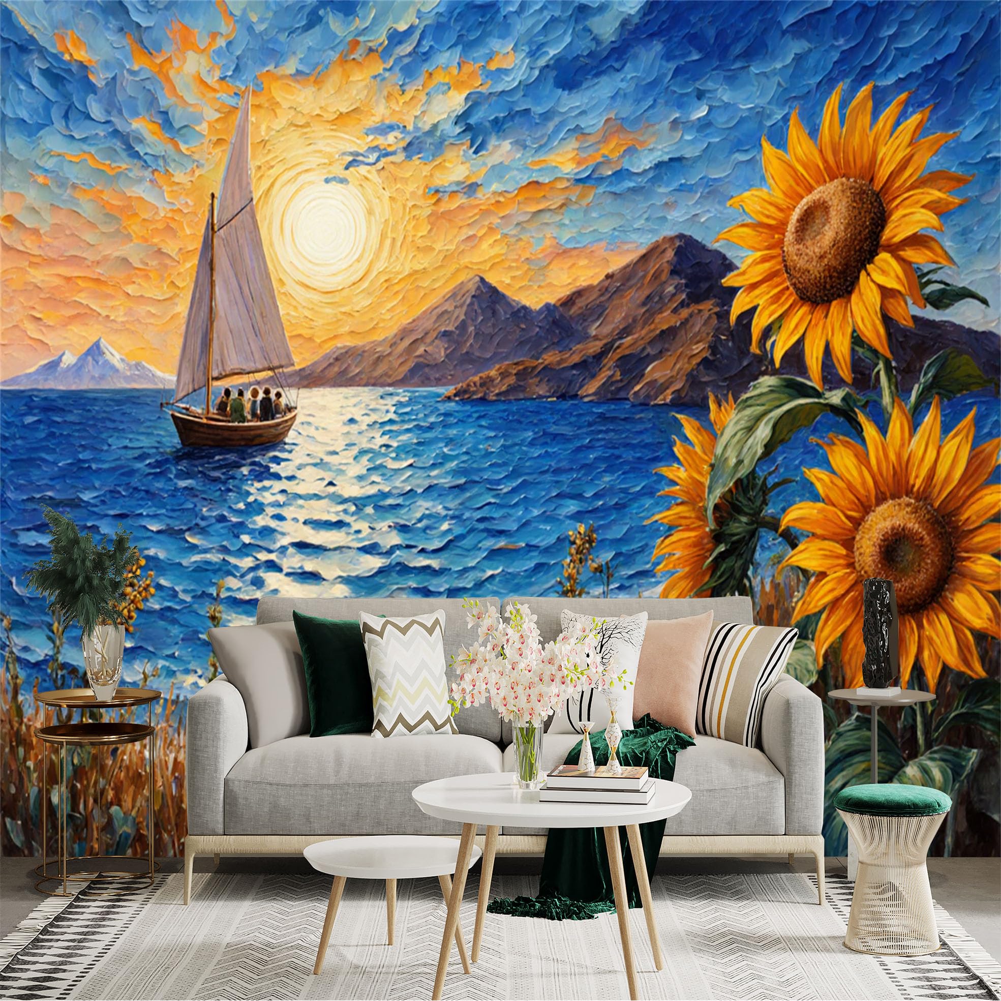 Lnzczhyre Xc260505312 Custom Size Wall Sticker Mural， Impressionist Seascape With Sailboat， Golden Sun And Vibrant Flowers， For Wall Decoration， Peelandstick Wall Decals.